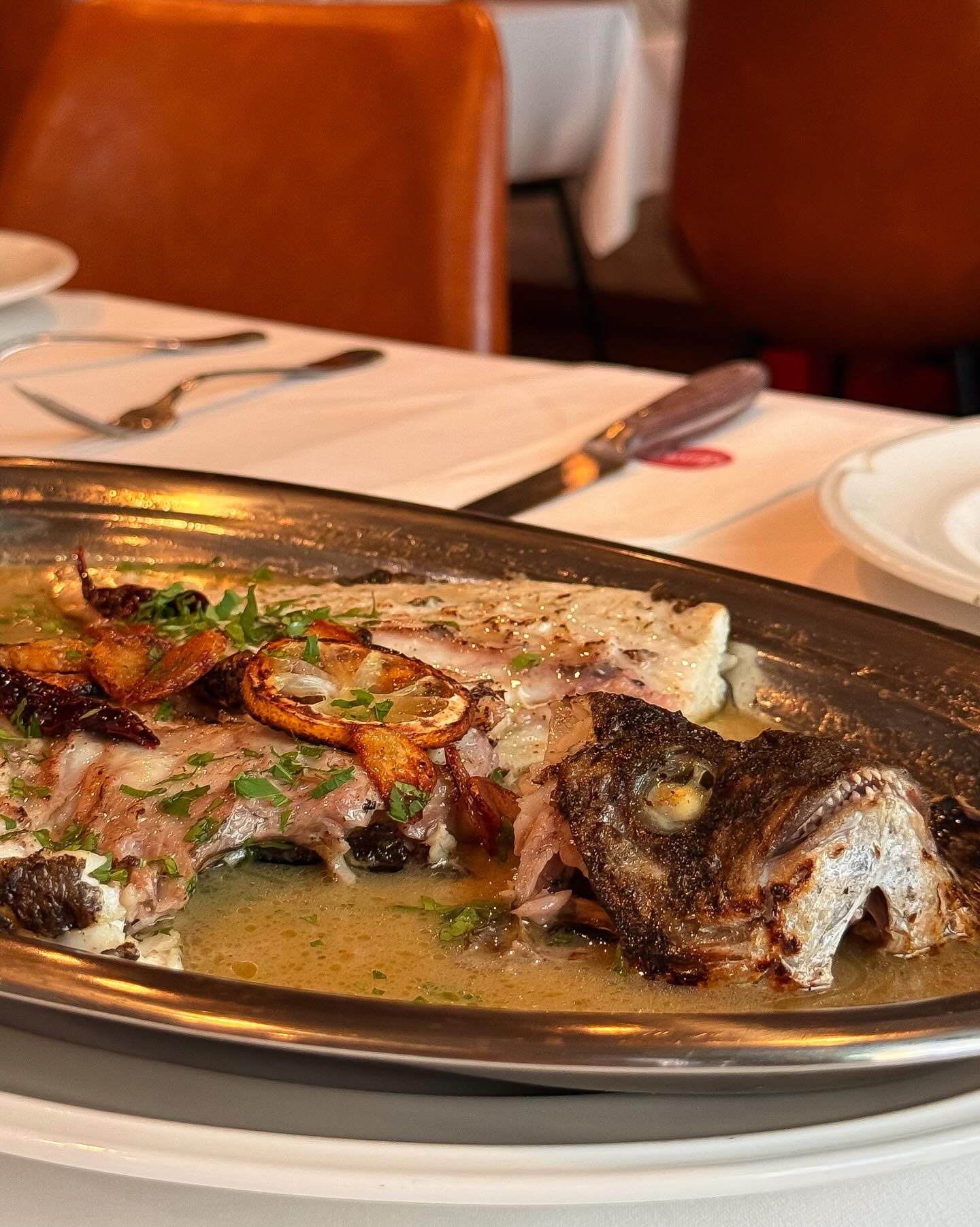 A new favourite on our menu: whole sea bream, flown in directly from Rungis Market in Paris every week, then aged for three days before it’s chargrilled in our Mibrasa oven. Next, a silky, lemony Spanish pil-pil sauce is whipped up and spooned over the delicate, flaky, moist flesh.