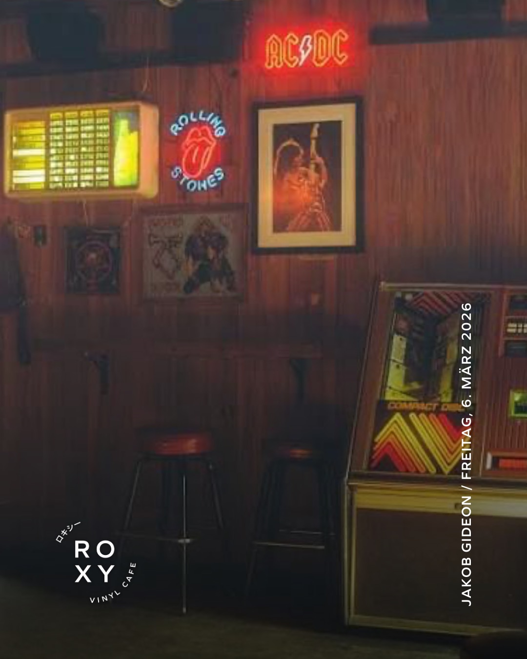 Roxy Vinyl Friday / Jakob Gideon
Freitag, 6. März 2026, 21:00
Gratis Eintritt!
Dive bar classics: rock, folk, country, and Americana on vinyl…
@jakobgideon
#roxyvinylcafe #vinylcafe #musicbar #listeningbar #vinyl #winterthur