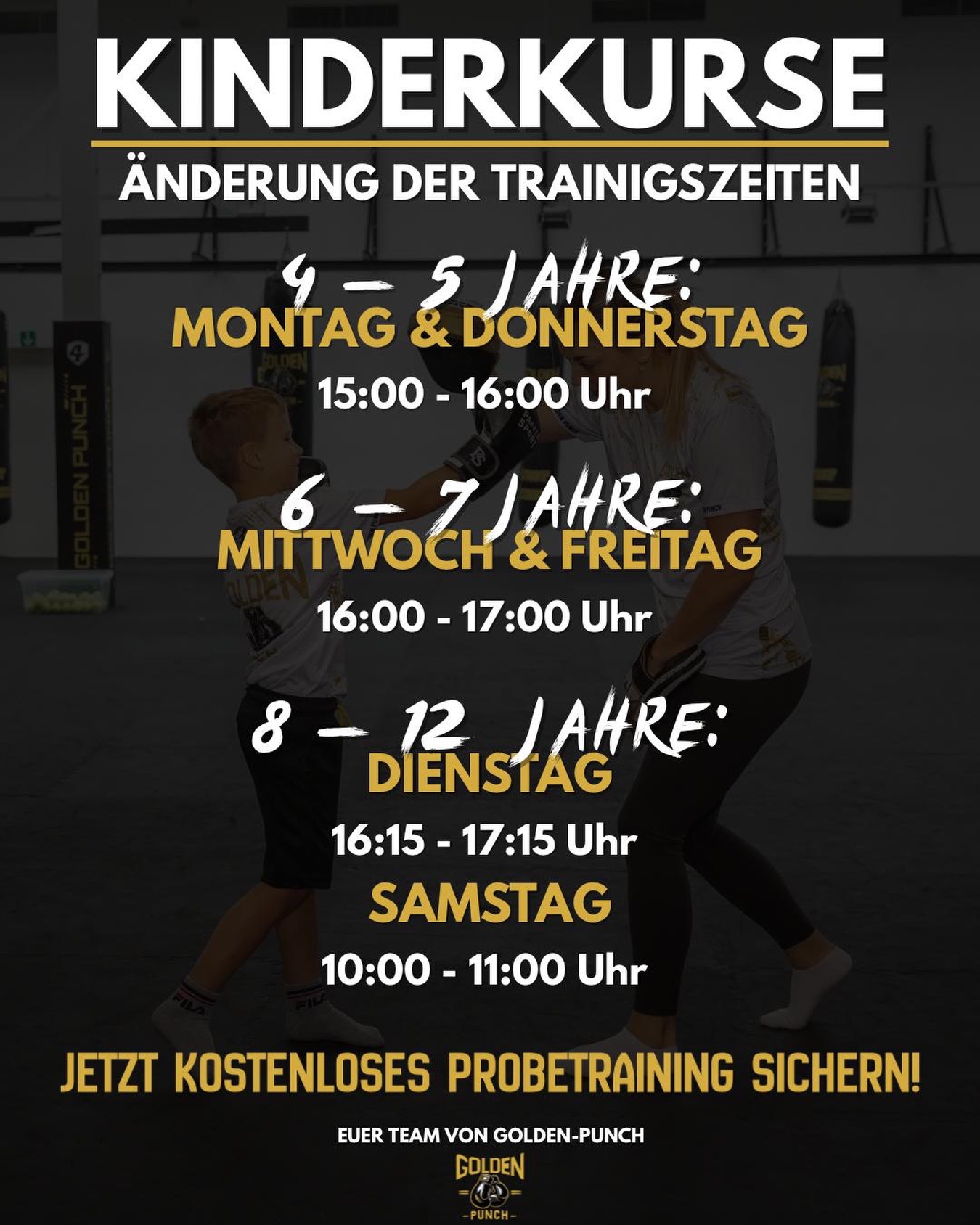Gute Nachrichten für alle Eltern 💥
Nachdem beide Kinderkurse vollständig ausgebucht waren und die Warteliste immer weiter gewachsen ist, haben wir unseren Kursplan erweitert, um neue Plätze für euch zu schaffen. Ab sofort sind in allen Kursen wieder Plätze frei und Probetrainings sind für alle Altersgruppen wieder möglich. Wir freuen uns auf euch 🥊
4-5 Jahre: Montag & Donnerstag 15:00-16:00 Uhr
6-7 Jahre: Mittwoch & Freitag: 16:00-17:00 Uhr
8-12 Jahre (Anfänger): Dienstag 16:15-17:15 Uhr und Samstag 10:00-11:00 Uhr
8-12 Jahre (Fortgeschrittene): Montag & Donnerstag 16:00-17:00 Uhr
#training #kidspower #kickboxen
