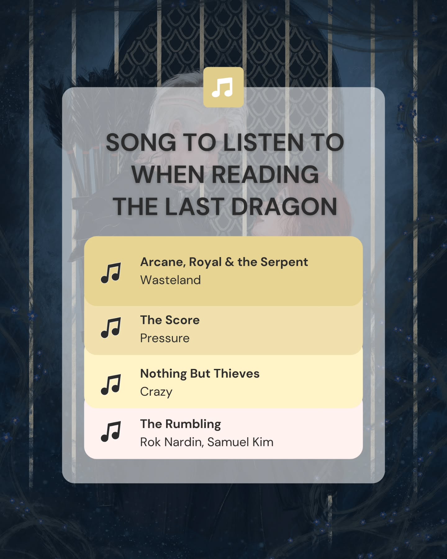 "This world is a wasteland where nothing could grow. I used to have strength but I ran out of hope." 💙
The lyrics hit so hard! Especially when I think about Zel's condition and the poison slowly claiming his life. ✨️
If The Last Dragon is on your TBR, make sure to put these songs in your playlist while reading! ✨️
OUT NOW ON KU, AMAZON AND B&N!
THE LAST DRAGON is a fantasy romance novel where dragons rule the skies and scorch the earth. Humanity is on the verge of extinction, and only the brave and elite warriors can restore the peace between the beasts and humans... or completely annihilate them all.
Zel Aaran is a loyal soldier to The Corps, a ruthless war college that trains soldiers to slay dragons. And he's the best of them all. But eight years with dragon poison in his bloodstream makes it hard for him to execute his duties, especially not when General Grogol is encouraging him to take up the role of a Commander.
With a vicious Redsnout dragon threatening what's left of humanity, Zel has no choice but to do what he's told before the poison consumes him. But when his childhood friend, Nidala Ward, joins the Corps, his world is turned upside down when she slowly reveals dark secrets of Karalia that have been long forgotten.
Now, he begins to question reality. Is it the poison that's taking over? Or something darker? Now he needs to decide. Does he save humanity? Or protect her and the secrets they now both know?
And since his walls are falling apart, will he let her in?
Perfect for fans of:
- Attack on Titan
- Fourth Wing
- Divergent
- Hunger Games
READ ON KU! ✨️
🔥Slow burn
❤️🔥YEARNING
💀MMC has VENOM in his veins slowly 😵 him
🐉 Unique Dragons
🗡❤️ Enemies to Lovers
🏰 Military Academy Setting
🍫 Chocolate lover MMC
📖 Book smart FMC
🌹 Found Family
✨️ Forced Proximity
😨 PTSD Rep
🦅 Hawk companion
🗡 Protective MMC
😒 Broody
🤭 BANTER
🍿 Side characters to die for
#bookstagram #slowburn #indieauthor #romantasybooks #romantasy