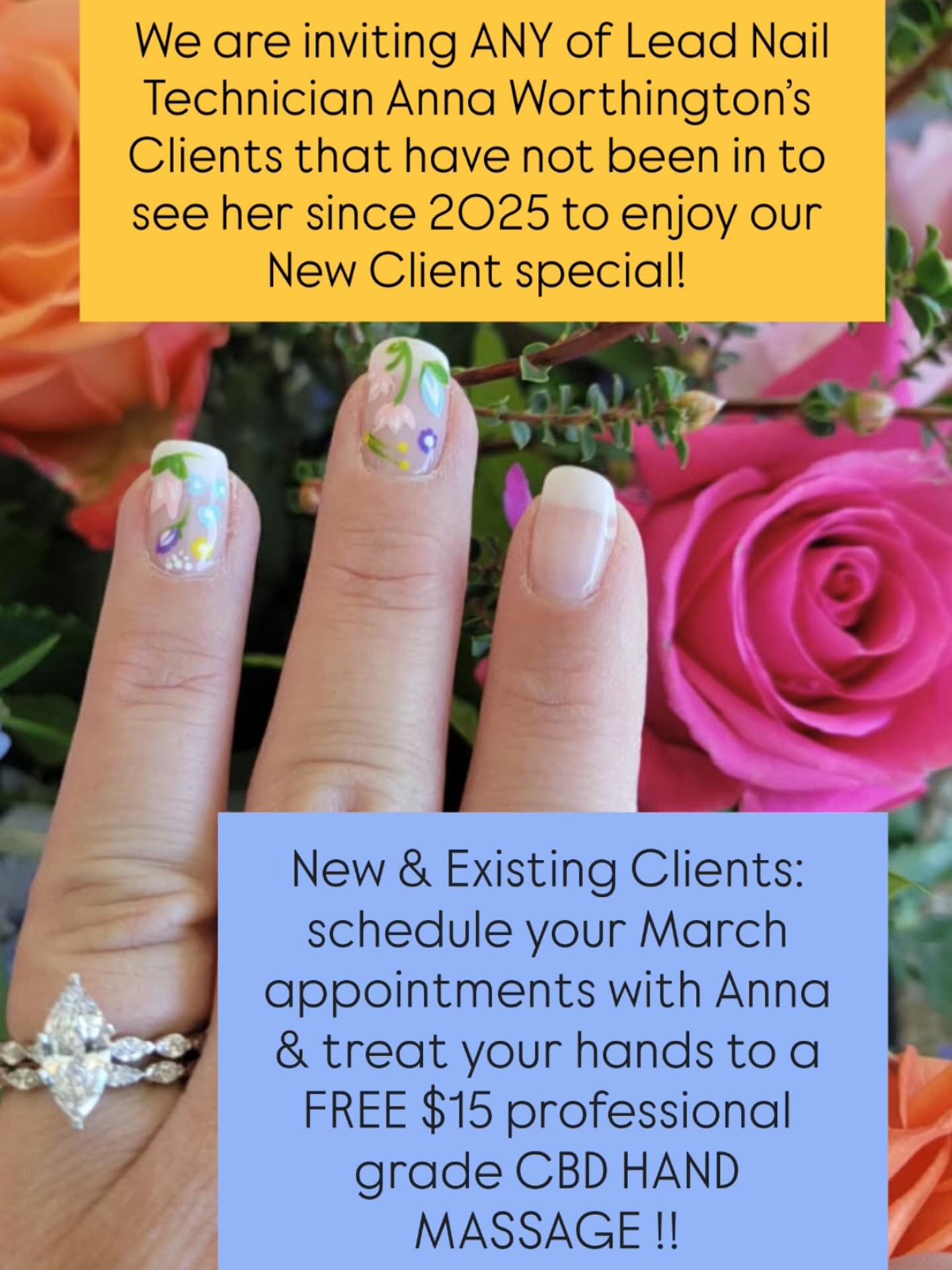 👋 YOO HOO!
💅Are you a NAIL or WAXING CLIENT of Lead Nail Technician Anna Worthington???
💝Anna is now offering a SPRING SPECIAL to welcome new Clients & all of her Clients she hasnt seen since last year!
💵Treat your HARDWORKING CELL PHONE HOLDING HANDS to a FREE CBD Hand Massage when you schedule your March appointments!