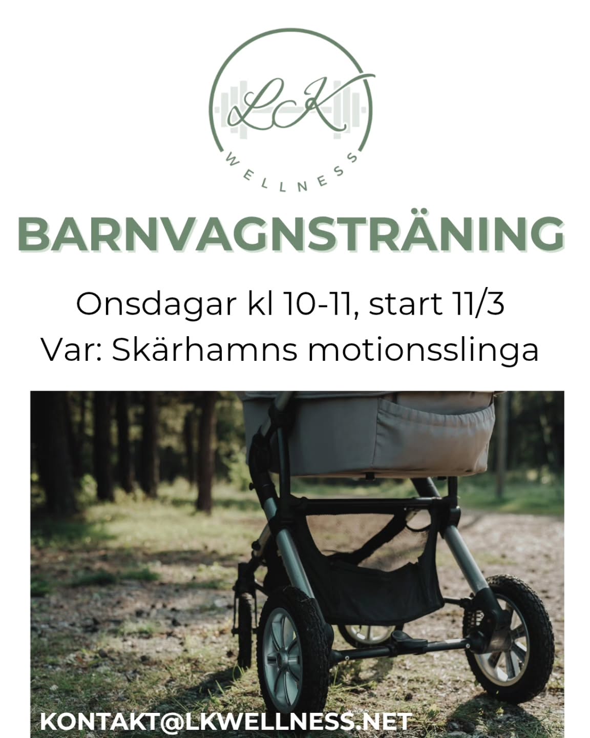 (Nytt datum)
🤱🍼 NYHET! 🍼🤱
Är du mammaledig och bor på Tjörn?
Nu startar jag upp en ny grupp bara för er 💞.
(Pågår under 5 veckor)
Barnvagnsträning innebär att vi promenerar en slinga tillsammans, och gör några övningar anpassade till nyblivna mammor längst vägen.
Vi kommer använda oss av kroppsvikten men också av gummiband.
Under en timme kommer vi ha tränat igenom hela kroppen, på din egna nivå.
Men det kanske viktigaste utav allt är gemenskapen. Jag vet att kan kännas ensamt som föräldraledig, och vill öka er allas möjlighet att träffa nya vänner i samma sits som dig själv 💞. Välkommen med din anmälan/frågor till kontakt@lkwellness.net
Kram Lina
Personlig tränare, tvåbarns mamma 😊