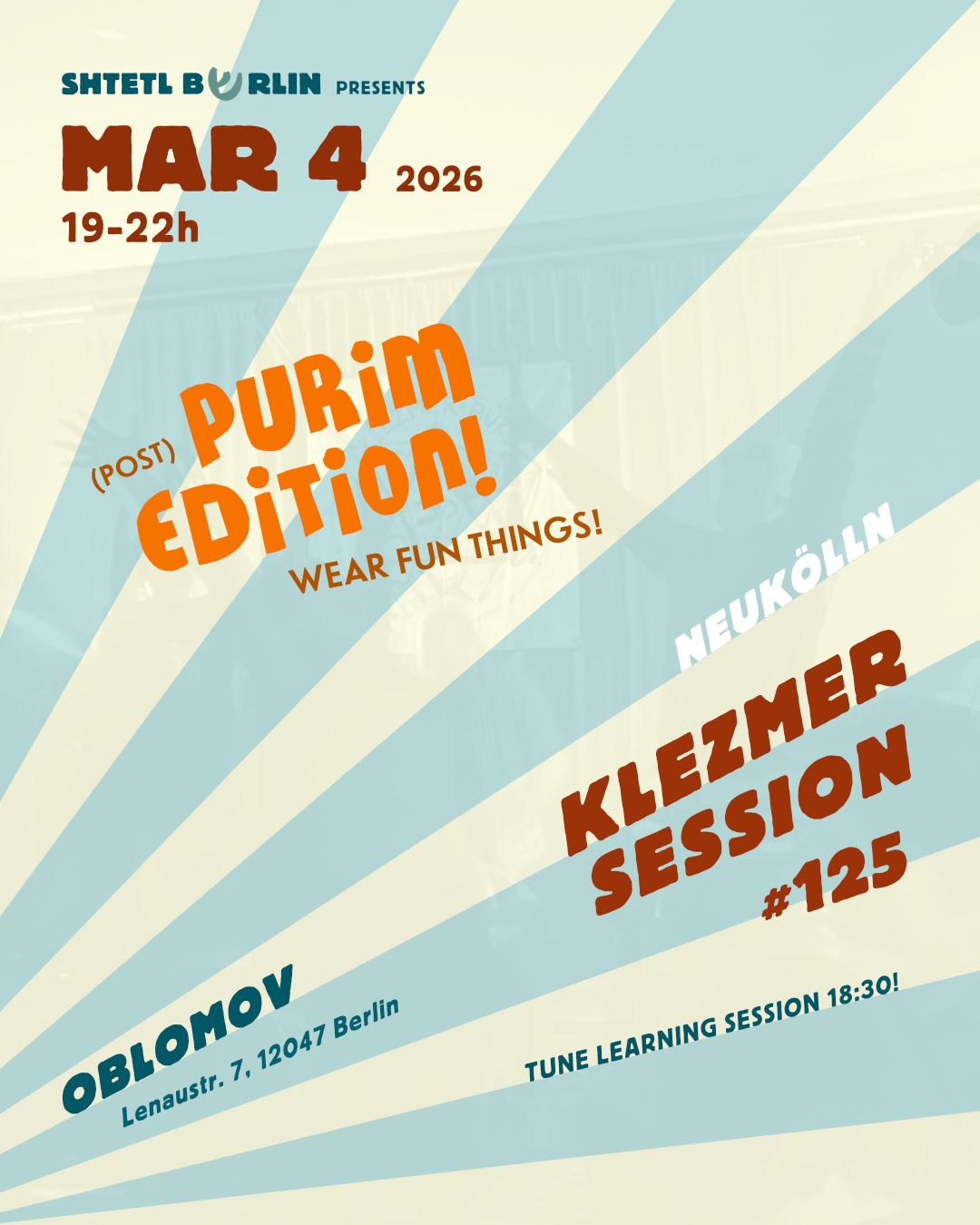 Emerging from the glorious madness of Purim... and there’s NO time to rest!
It’s a jam-packed week in our shtetl — here’s everything you don’t want to miss:
TOMORROW, March 4 — Neukölln Klezmer Sessions: PURIM EDITION @oblomov_berlin Special guest: Ilya Shneyveys @svobodu Tune learning: 6:30 PM | Jam: ~7 PM Come to play, come to listen, come to celebrate — and yes, this is your LAST CHANCE to show off those Purim costumes, shiny masks, and creative chaos. All are welcome!
March 5 — TWO STRINGS & ELECTRIC ROSE (Berlin premieres!) @pandaplatforma A stunning double bill of New York Yiddish stars — one a luminous string duo, the other an electronic reimagination of Yiddish song. Both performing in Berlin for the first time ever. @jshulmanment @abigalerise @soundslikeelectricrose
March 8 — BRIVELE (Berlin premiere!) @supamolly_berlin Celebrate International Women’s Day with this radical Seattle-based Yiddish folk duo — braiding Yiddish song, anti-fascist and labor balladry, folk-punk, and rabble-rousing in breathtaking vocal harmony. @brivelemusic
See you at all of it.
#klezmer #yiddishmusic #berlinmusic #shtetlberlin #purim