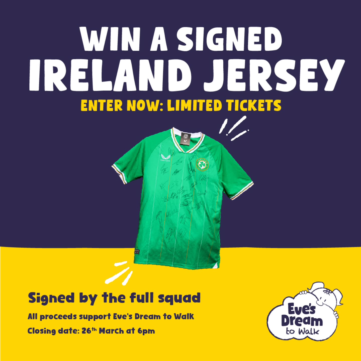 WIN THIS 🇮🇪 SIGNED IRELAND JERSEY
Signed by the full squad and professionally framed.
We’re raffling it to raise funds for Eve’s Dream to Walk, helping Eve access life changing therapy.
🎟 Enter now via the link in bio
⏰ Closes 26 March | 6pm
Good luck! 🤞
#IrelandFootball #COYBIG #IrishFootball
#DublinCommunity #leagueofireland