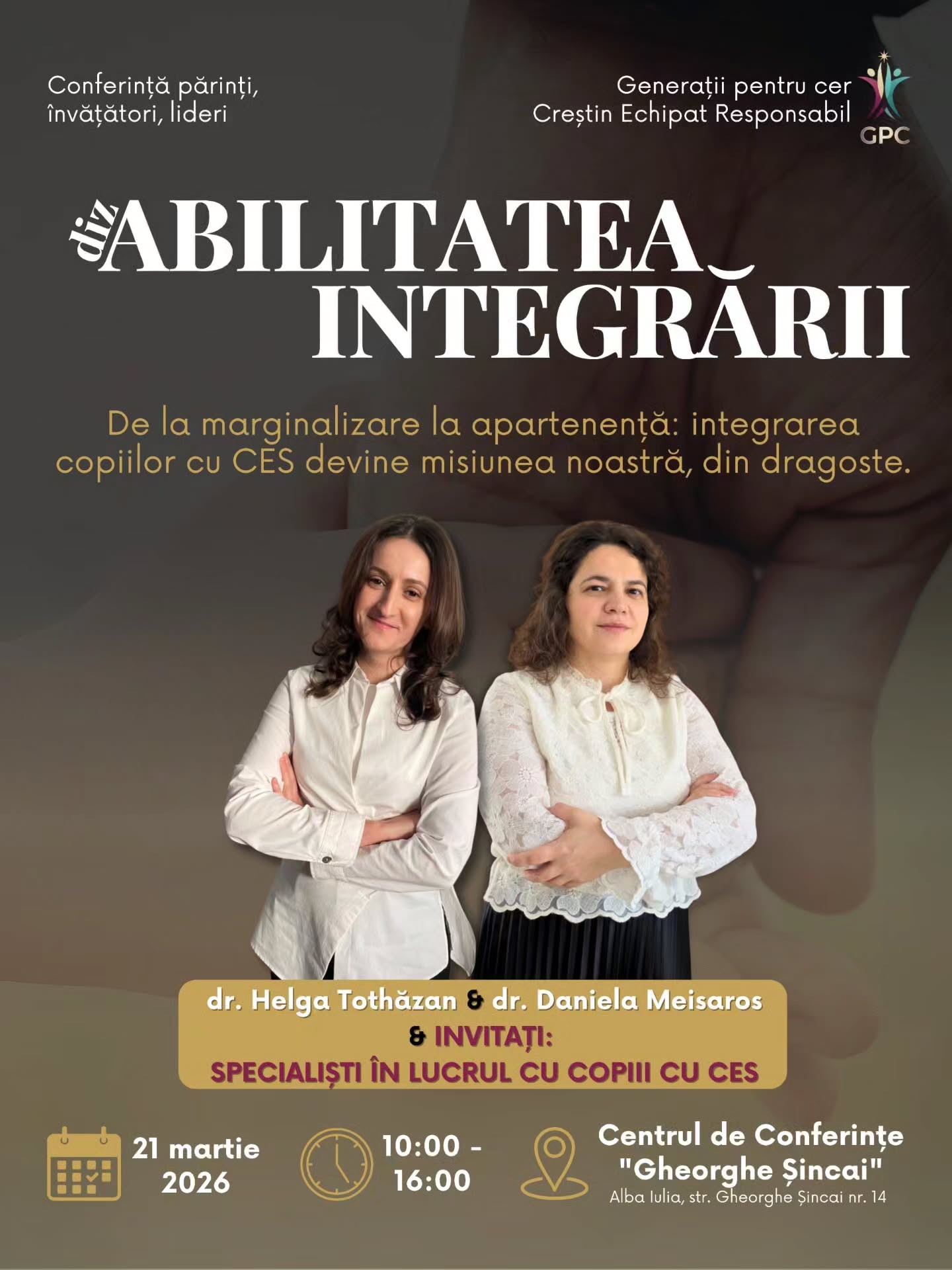 Un copil nu are nevoie doar să fie integrat. Are nevoie să aparțină.
Prin conferința ”Abilitatea Integrării” ne dorim să deschidem o conversație importantă despre copiii cu CES și despre modul în care comunitățile noastre pot merge dincolo de integrare, spre ceea ce înseamnă cu adevărat incluziune: acceptare, apartenență și participare reală în activitățile noastre.
Această conferință este dedicată părinților, cadrelor didactice, învățătorilor de școli biblice și liderilor care doresc să înțeleagă mai bine cum putem crea spații în care fiecare copil este văzut, acceptat și implicat.
📅 21 martie 2026
⏰ 10:00 – 16:00
📍 Centrul de Conferințe „Gheorghe Șincai”, Alba Iulia
🎙 Speakeri:
- dr. Daniela Meisaros
- dr. Helga Tothăzan
- Invitați specialiști în domeniul copiilor cu CES
Împreună vom aduce perspective practice și experiență valoroasă în acest domeniu.
Ne dorim ca acest eveniment să fie un pas spre construirea unor comunități în care fiecare copil nu doar este prezent, ci aparține cu adevărat.
Pentru înscriere, accesează linkul din BIO sau scrie în comentarii PARTICIP și îți vom trimite linkul pentru înscriere.
#education #kidsministry #disabilityawareness #discipline #generatiipentrucer