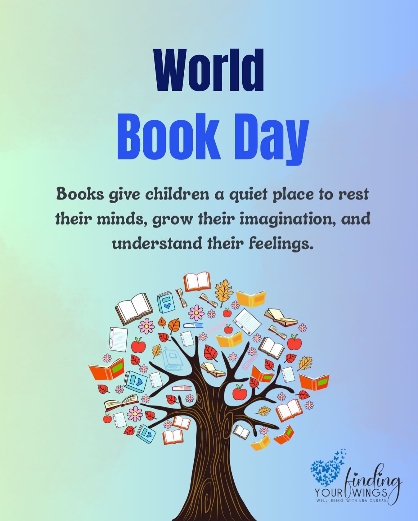 #worldbookday2026 📘
Books give children more than stories.
They offer a quiet pause in our busy digital world. In my experience children of all ages are responding more than ever to a picture book being read to them 📚
When a child listens to or reads a story, their mind slows down. They explore feelings and imagine new possibilities.
Stories help children understand themselves and others. A simple book can support calm, connection and emotional wellbeing 🦋
Thank you to all the amazing authors and illustrators that have given us so much enjoyment through their books ❤️
#worldbookday #emotionalliteracy #readingforfun #readingforwellbeing #imaginationandlearning #findingyourwingswellbeing #loveofbooks #authors #illustrators