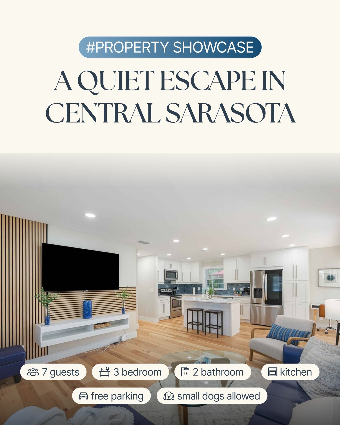☀️The kind of place where mornings feel slower… and evenings last longer. ☀️
Welcome to your quiet escape in Central Sarasota — perfectly tucked away, yet just minutes from Lido Key, Siesta Key, and St. Armands Circle.
Inside, you’ll find:
✨ 3 beautiful bedrooms
✨ 2 modern bathrooms
✨ A bright open kitchen made for gathering
✨ Cozy living spaces to unwind
✨ A private backyard with fire pit
✨ Pet-friendly (yes, bring the small pups 🐾)
Whether you’re here for beach days, boutique shopping, sunset dinners, or simply a peaceful reset — this home gives you the best of Sarasota without the noise.
Spacious. Stylish. Effortless.
Ready to make it yours?
Tap the link in bio and book your stay directly with us for the best rate. 🌴✨