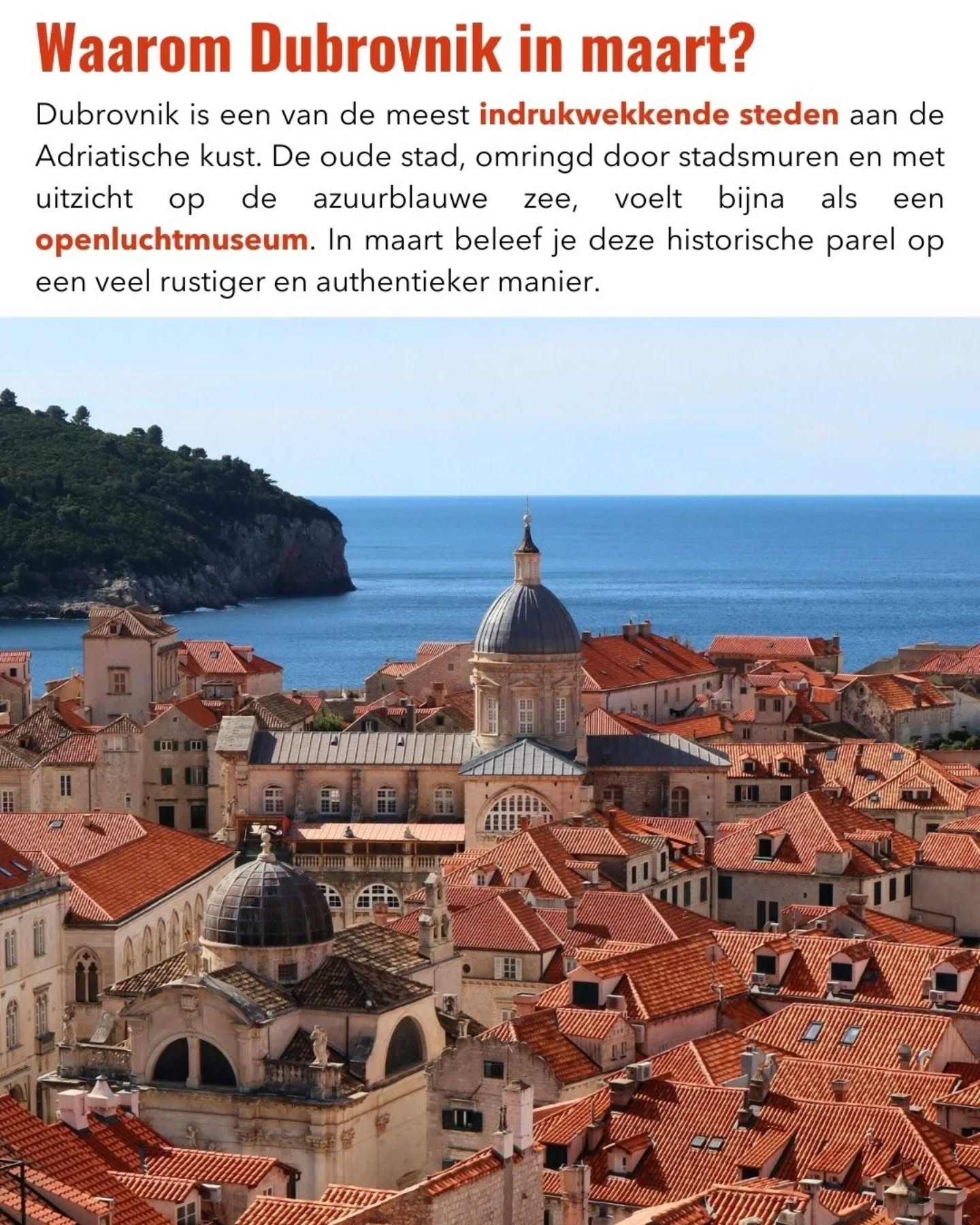 Stel je voor: de stadsmuren van Dubrovnik bijna voor jezelf. Geen cruise-drukte. Geen massa's. Alleen jij, de zee en eeuwenoude straatjes: stadsmuren. De combinatie van lentezon, zeezicht en minder toeristen maakt dit een ideale maand! 🌞
Maart is het moment waarop deze stad écht tot leven komt - maar dan rustig.
👉Plan je volgende reis met Met Thijs op Reis! Link in bio
💾 Sla deze op voor je volgende citytrip
Zou in in maart naar Dubrovnik willen?