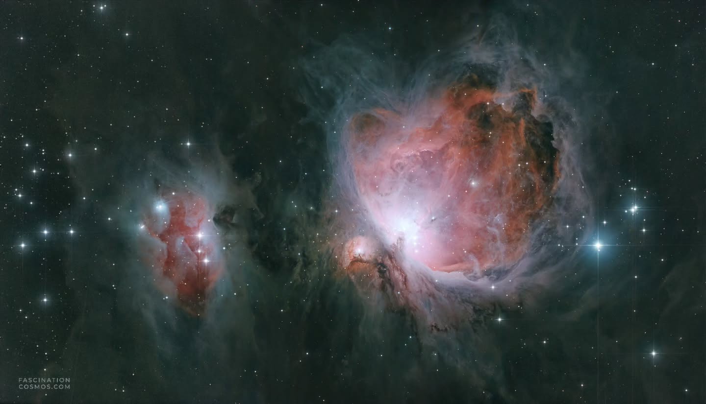 Running Man- und Orionnebel (NGC 1977, M42), Mosaik in 3 Teilen
Mit dem Orionnebel verhält es sich so wie mit einer schönen Landschaft: man kann sich nicht satt sehen, sie begeistert immer wieder von Neuem! Durch seine „Nähe“ von 1350 Lichtjahren ist der Orionnebel nicht nur bereits mit einem Feldstecher zart sichtbar, für Astrophysiker ist es ein perfektes Laboratorium zur Untersuchung und Erforschung der Sternenentstehung, also der Entstehung neuer Sonnen und ihren Planeten. Stichworte; rote Wolken der Wasserstoffatome, die ich mit meinem H-alpha Filter perfekt sichtbar machen konnte, heiße, junge und grell leuchtende Sterne im zentraler Trapez Theta Orionis. Abgerundet wird das Bild durch den „Laufenden Mann“, die phantasievolle Bezeichnung für den nördlich liegenden Reflexionsnebel NGC1977. Hier beleuchtet, also reflektiert das Licht heißer Sterne den umliegenden Staub.
Aufgenommen als Mosaik in 3 Teilen in meiner Gartensternwarte mit dem Lacerta Newton 12", 1200mm, f/4, QHY268M Monokamera mit 7 Filtern, QHY OAG-Nachführung mit ASI-174MM, SestoSenso2-Fokusser, auf Celestron CGX montiert. Belichtet mit 41 Schmalbandaufnahmen zu je 600s, 50LRGB Aufnahmen mit je 180s, in Summe mehr als 9 Stunden Aufnahmezeit. Mit Astro Pixel Prozessor, Pixinsight, Adobe PhotoShop verarbeitet.
Bitte gerne meine Post weiterleiten ! Jedwede andere Art von Kopien oder Nutzung nur mit ausdrücklicher Erlaubnis des Copyright Inhabers. Bestellung von Bildern und Accessoires gerne unter https://www.fascinationcosmos.com/ oder per Nachricht an mich.
#fascinationcosmos #faszinationkosmos #franzrettenbacher #astrophotography #astrofotografie #astrophoto #astrofoto #deepsky #astronomie #astronomy #amateurastrophotography #qhy268m #CelestronCGX #Lacerta1200 #Orionnebel #M42 #NGC1967