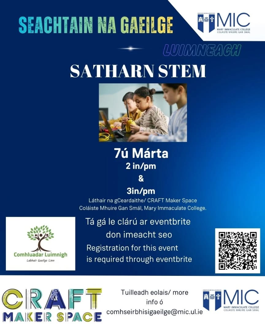 Tabhair faoi deara an t-athrú ama ar an imeacht STEM i gColáiste Mhuire gan Smál🌟
2-3i.n & 3i.n- 4i.n ⏲️
Fáilte roimh chách, cláraígí leo trí Eventbrite 🎫
@micstemcraft @maryistudentsunion @snagaeilge