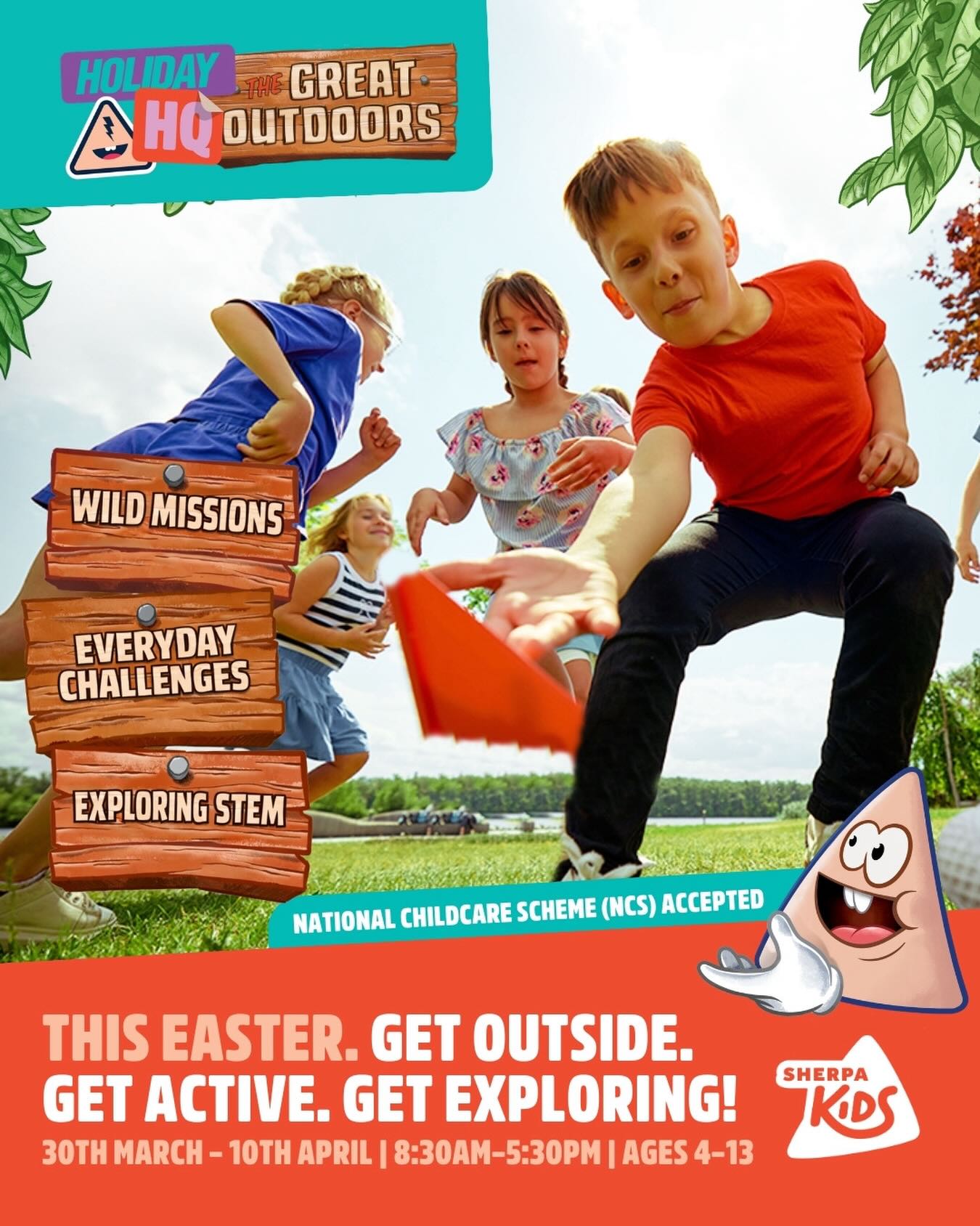 Holiday HQ: The Great Outdoors is coming to our school this Easter Break🌿
30 March–10 April (excl. Bank Holiday) | 8:30am–5:30pm | Ages 4–13.
2 Full Weeks of Outdoor play, Nature-led creativity and Exploration challenges in a fun, active setting. NCS accepted, flexible half & full day bookings, snacks included.
Daily schedule & info:
https://www.sherpakids.ie/school-holidays/whats-on-this-easter/
Find your school & book now:
https://www.sherpakids.ie/find-us/?filters=holiday+hq