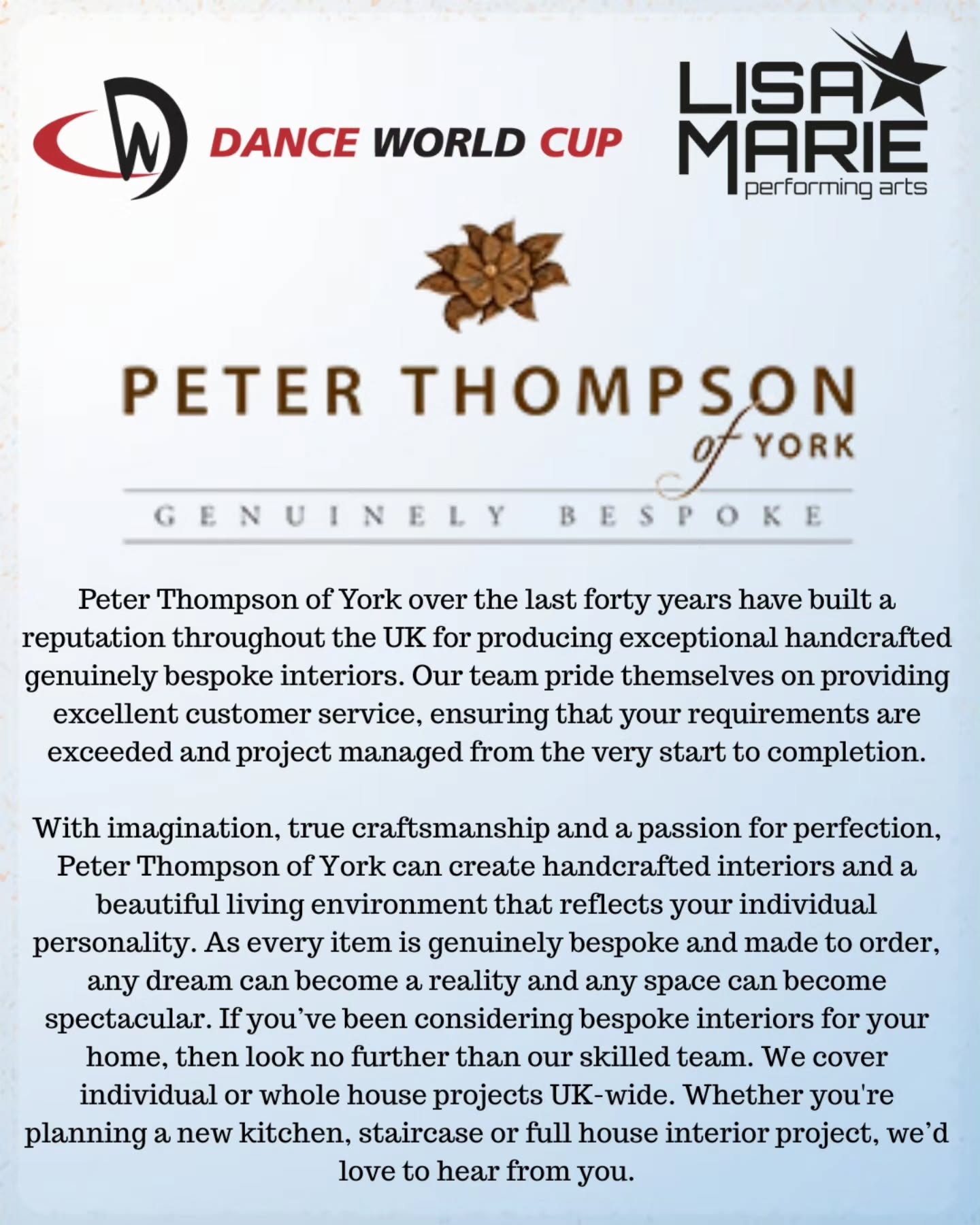 š“ó §ó ¢ó „ó ®ó §ó æ Sponsorship Announcement š“ó §ó ¢ó „ó ®ó §ó æ
We are so pleased to announce that Peter Thompson of York are a Silver Sponsor of our Dance World Cup 2026 Team ā¤ļø
@peterthompsonofyork
We are so grateful for your sponsor, it's such a huge help towards our fundraising journey and we all appreciate your generosity so much! It's wonderful to have another local business supporting our fabulous dancers āØļø
Thank you