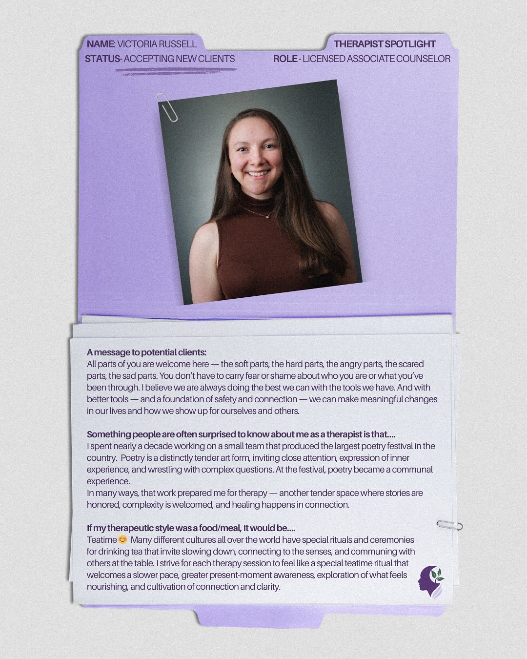 Clinician spotlight 🌠 learn more about Victoria Russell, LAC and reach out today to schedule your free 15 minute consultation!
#njtherapist #njtherapy #emdrtherapist #traumainformedcare