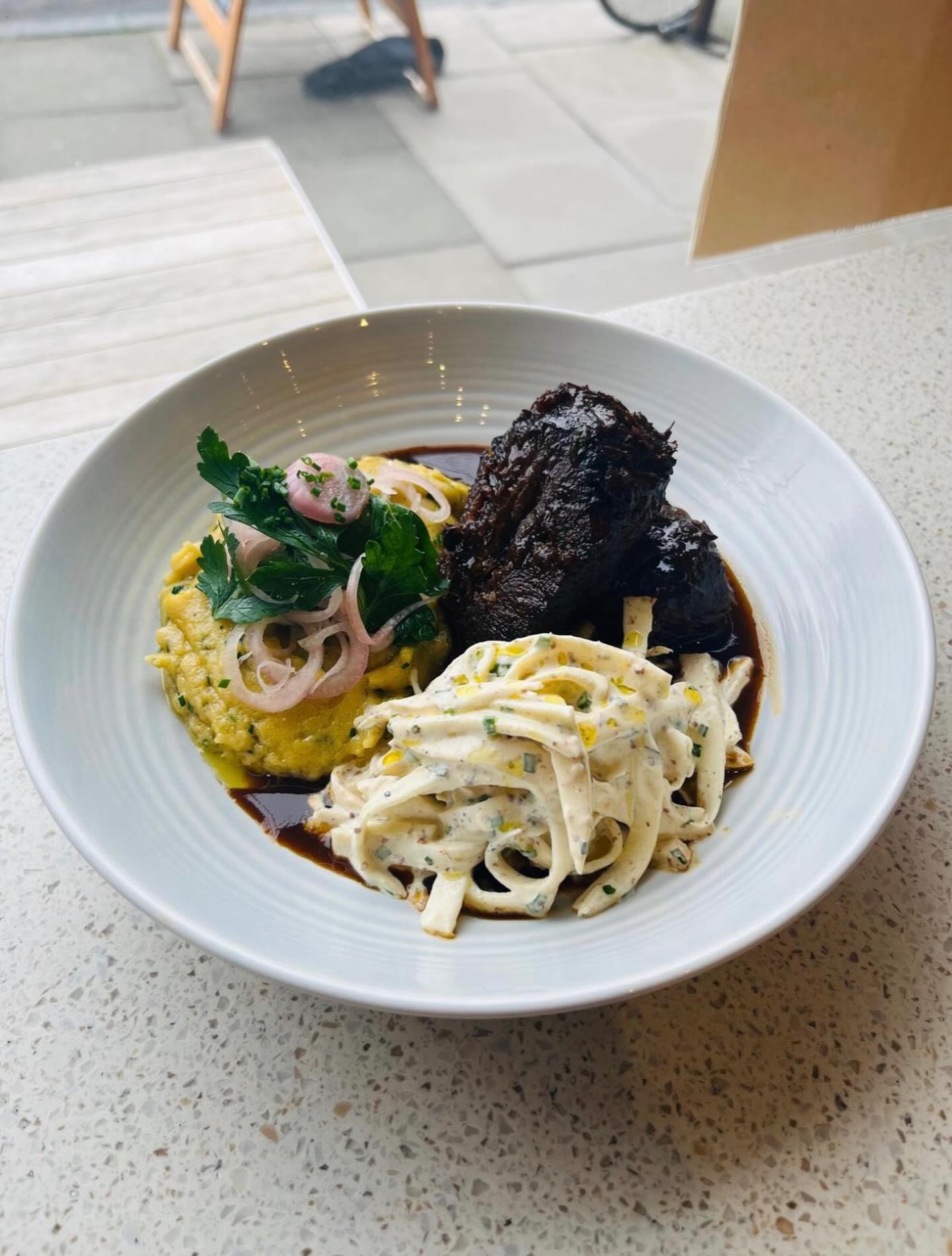 Guinness braised featherblade, cashel blue polenta, remoulade. Lunch.