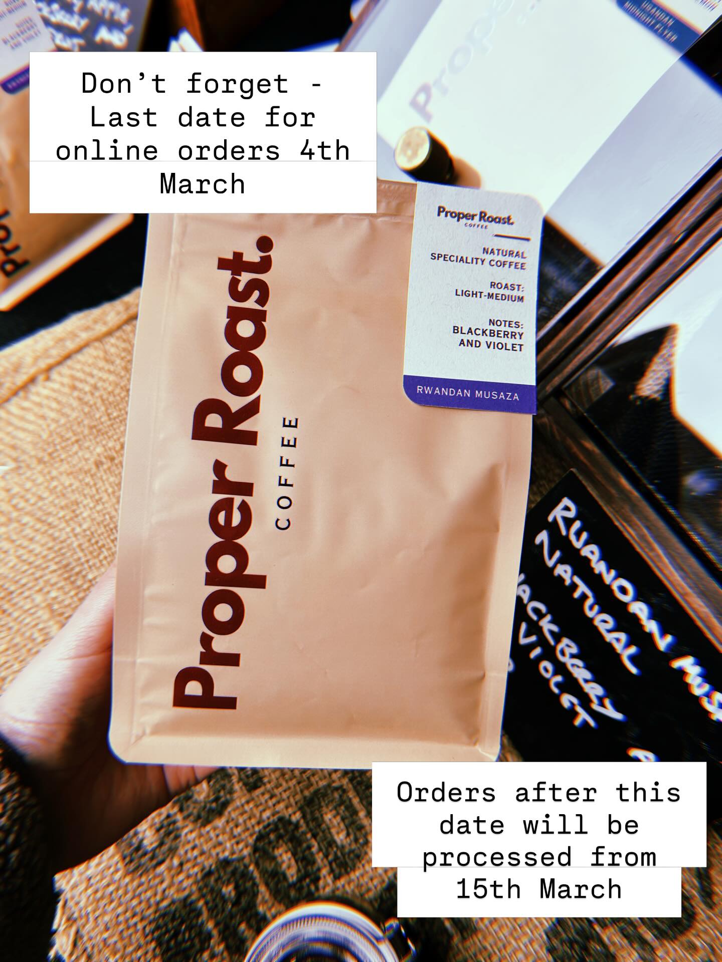 🔔 Last orders - Wednesday 4th March 🔔 Our current favourite - Rwandan Musaza - notes of blackberry and violet. Works brilliant for those espresso based drinks.