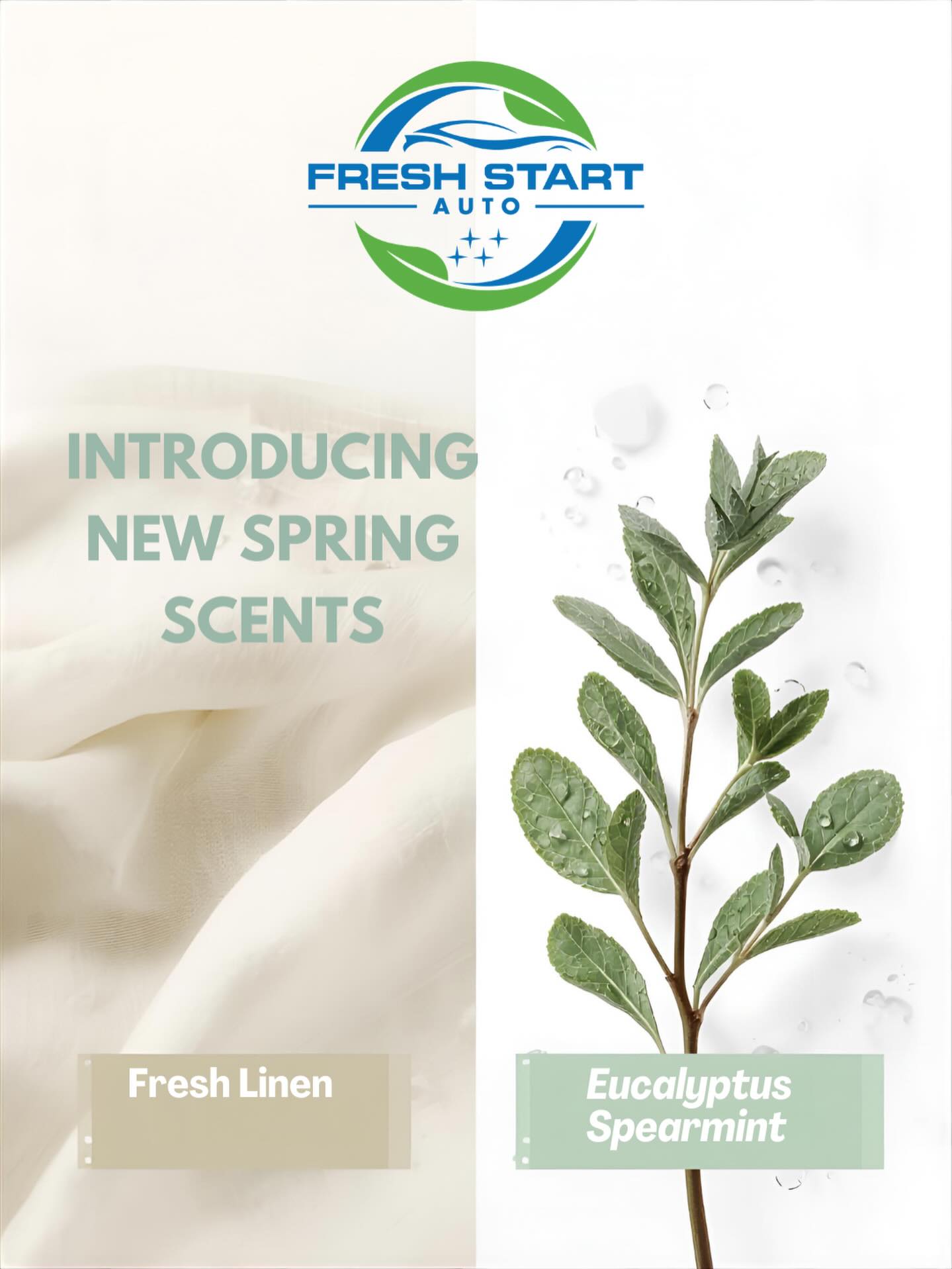 Spring is almost here—and so are two refined new scents for your interior cabin.
- Fresh Linen — Crisp, elegant, effortlessly clean
- Eucalyptus Spearmint — Cool, clarifying, quietly uplifting