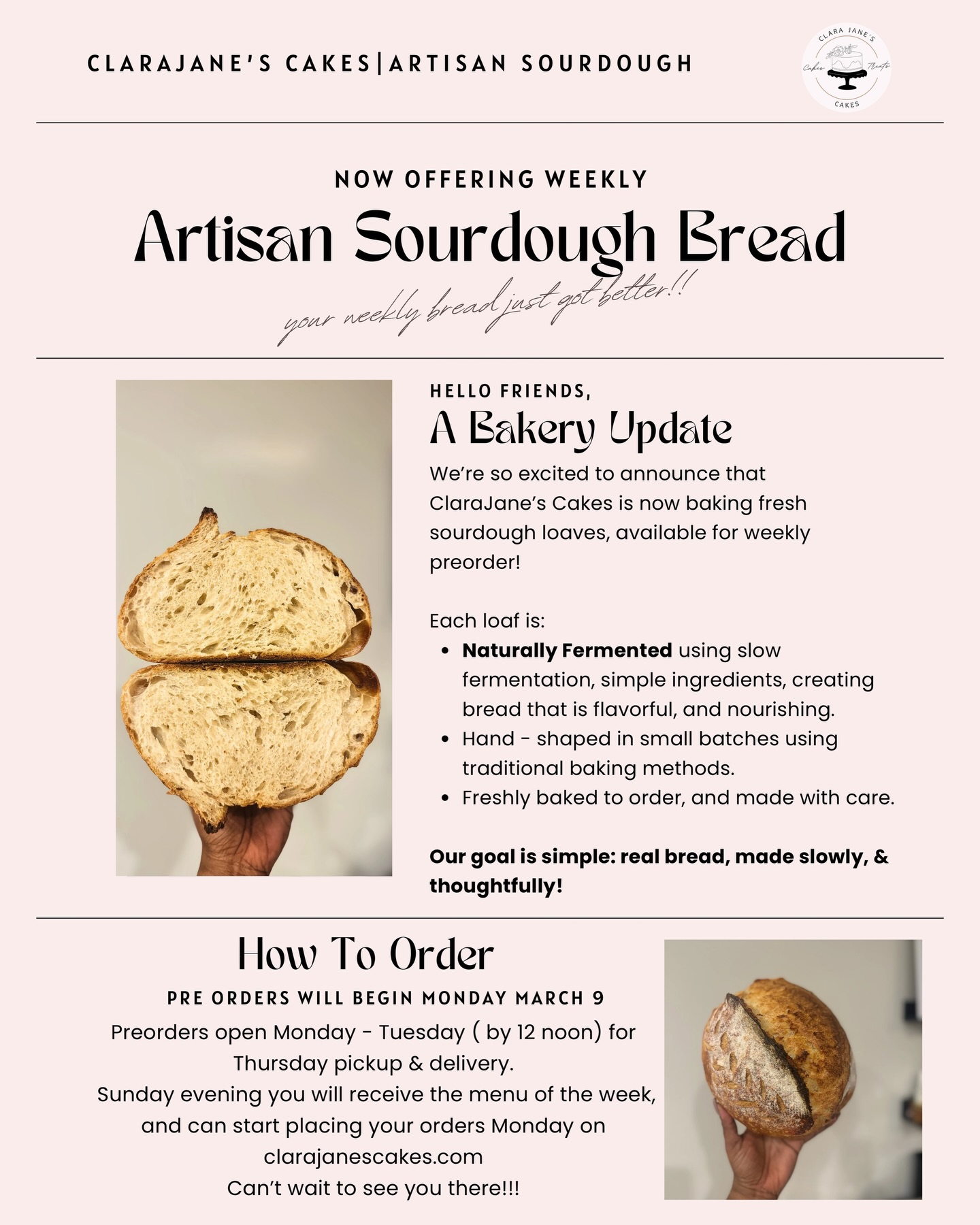 ✨NEW MENU ITEM ALERT! ✨
Sourdough has entered the chat! We are so excited to announce that ClaraJane’s Cakes will now be offering weekly Artisan Sourdough Bread, and treats! After months of recipe testing, and having you all try our loaves, we have officially added it to our menu!
Baked with patience, clean ingredients, and a lot of love.
We’re so excited to share fresh bread with our community!
#sourdougbread #microbakery #statenislandbakery #nycbaker