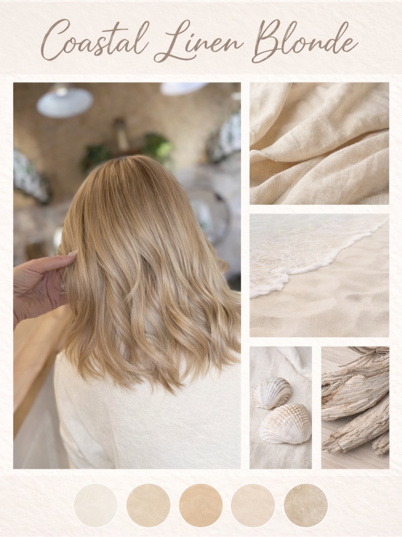 ✨ Mood Board Monday! ✨
Soft beige tones, sunlit dimension and effortless movement.
The kind of blonde that feels like warm sand and sea air.
Created with delicate balayage and soft root shadowing for the most natural grow-out.
#CoastalBlonde #BeigeBlonde #LuxuryHair #AppleHairDesign #BalayageSpecialist
