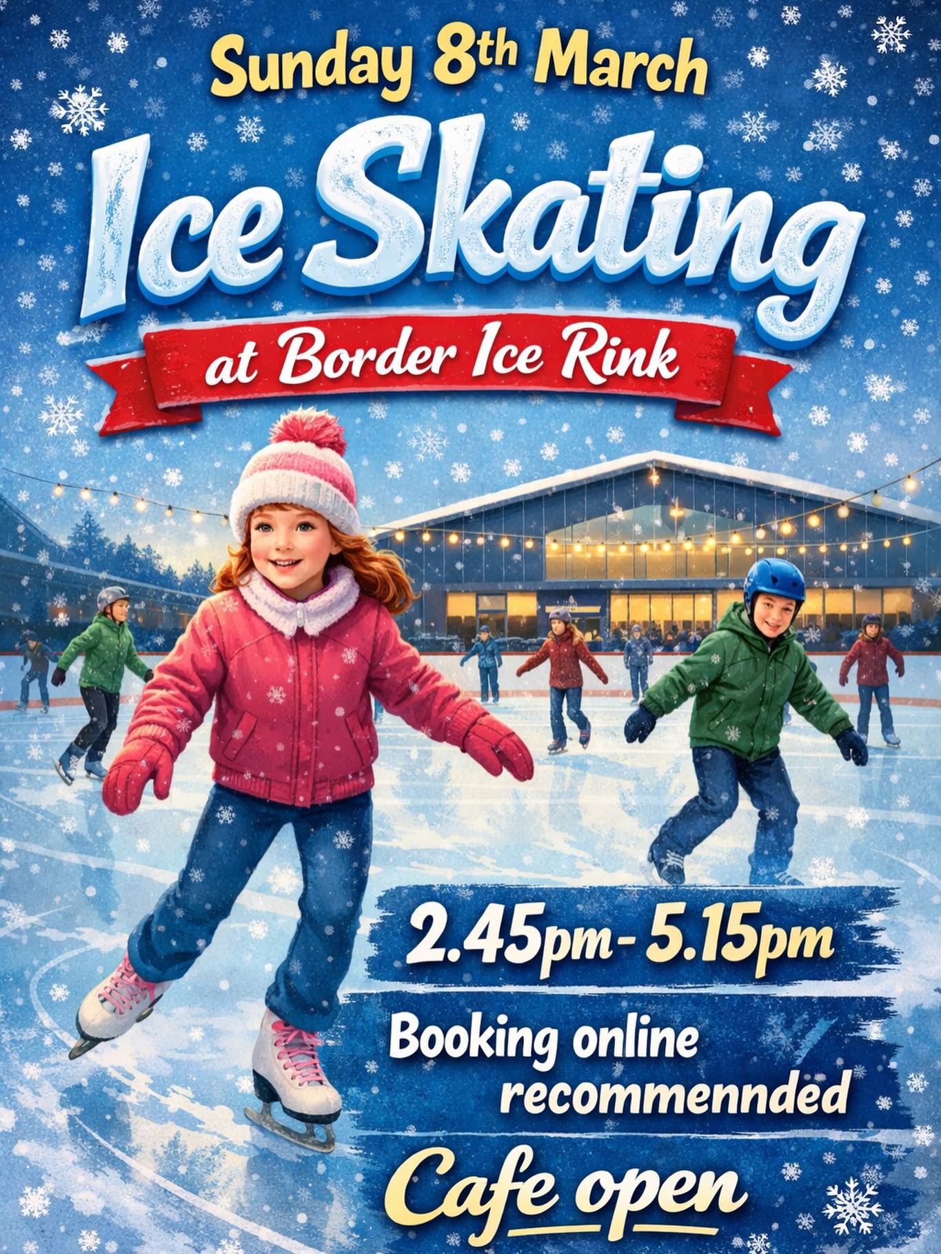 ⛸️ Ice Skating – Sunday 8th March
Join us for an afternoon on the ice at Border Ice Rink!
🕒 2.45pm – 5.15pm
📍 Border Ice Rink
❄️ Fun for all ages
💻 Booking online recommended
☕ Café open for drinks and snacks
Come along, bring friends or family, and enjoy a great afternoon of skating!