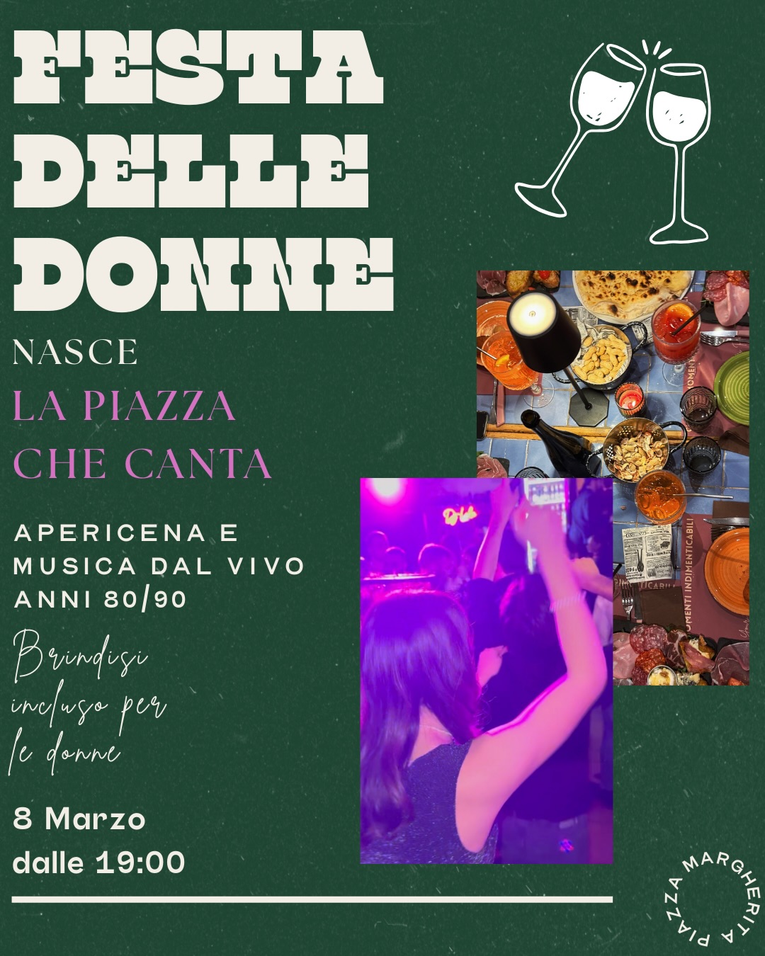 Festa della Donna – Domenica 8 Marzo.
Nasce La Piazza che Canta🎶
Apericena ricco, drink incluso, musica live anni ’80/’90 e un brindisi dedicato a tutte le donne🥂. Come al solito tutto anche gluten free❌🌾
Una serata per stare insieme, cantare e vivere Piazza Margherita in modo diverso✨
Menu completo nella slide📖
Prenotazioni dal link in bio📲