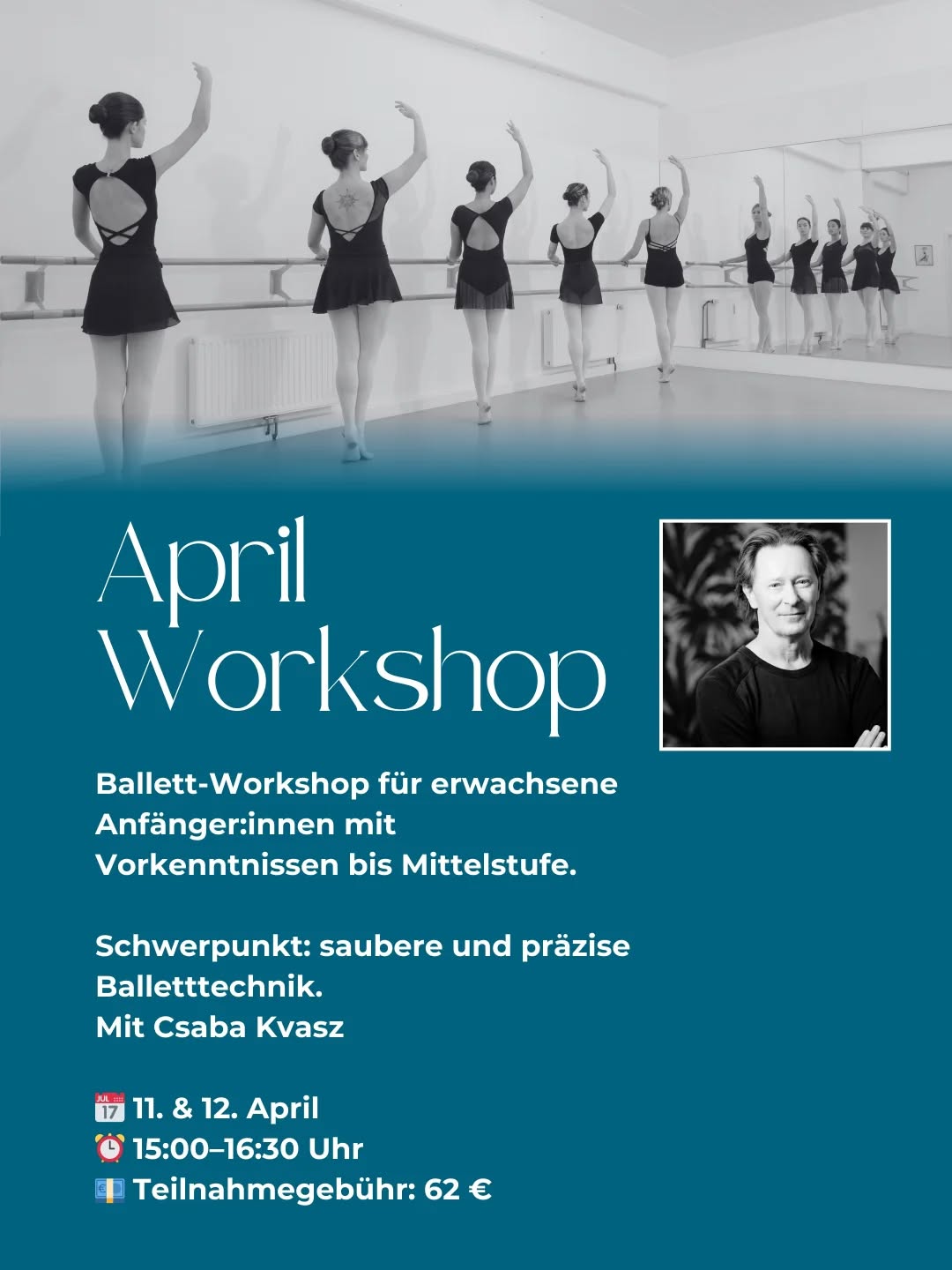 🩰 Ballett-Workshop für erwachsene Anfänger mit Vorkenntnissen bis Mittelstufe mit Csaba Kvasz!
Am 11. & 12. April findet bei Rosenthal Ballett ein exklusiver Charity-Workshop statt😍
Dieser Workshop richtet sich an erwachsene AnfängerInnen mit Vorkenntnissen bis Mittelstufe, die ihre Grundlagen wirklich verstehen und weiterentwickeln möchten. Intensiv, persönlich und mit klarem Fokus auf saubere, präzise Balletttechnik✨️
Und gleichzeitig unterstützt Du etwas Wichtiges:
💛 100 % der Einnahmen gehen an das Conservatório International de Ballet e Dança Annarella Sanchez @conservatoria_annarella zur Unterstützung des Wiederaufbaus nach schweren Sturmschäden in Leiria.
📅 11. & 12. April
⏰ 15:00–16:30 Uhr
💶 Teilnahmegebühr: 62 €
Wenn Du Deine Technik vertiefen und dabei einen echten Beitrag leisten möchtest, freuen wir uns sehr auf Dich!🤗❤️
👉 Die Tickets bekommt ihr hier: https://www.rosenthal-ballett.de/workshops-26