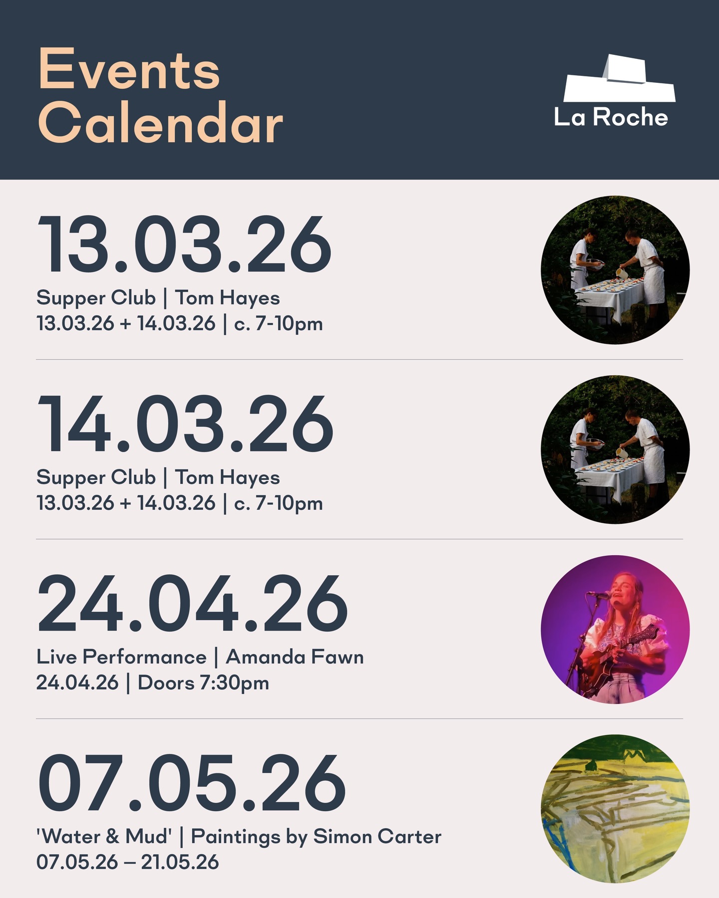 Coming events update - not too many spaces left - all ticket links in bio 🫡
More info below:
—1+2—
Supper Club | Tom Hayes
13.03.26 + 14.03.26
Tom Hayes of Mowgli returns to La Roche to cook up something special over two nights in mid-March. Brian’s Wines will once again be along for the ride, pouring a thoughtful selection of bottles from producers who make their wines naturally—free from pesticides, chemicals, and other nasties. Our mouths are already watering at the prospect.
More information and tickets from link in bio.
—3—
Live Performance | Amanda Fawn
24.04.26 — Doors from 7:30pm
“Amanda Fawn is fast on the rise...” (Our Belfast Music, Sept 2025)
Hailing originally from Philadelphia & living on the island of Ireland, Amanda’s music beautifully bridges the richness of American folk heritage with the authenticity and spirit of traditional Irish music, a reflection of her transatlantic life and sound.
More information and tickets from www.larochehouse.com (link in bio)
—4—
Water & Mud | Paintings by Simon Carter
07.05.26 — 21.05.26
We are delighted and honoured to present this body of paintings and drawings by Simon Carter. Spanning more than a decade, the works bear witness to his sustained and intimate engagement with the diminishing salt marshes of the North Essex coastline.
We encountered Simon’s painting recently at the F. E. McWilliam Gallery, where they formed part of a wonderful exhibition drawn from the private collection of Lord and Lady Belmore. The forthcoming exhibition at La Roche House offers a unique opportunity to see a substantial body of Simon’s work in person, without the requirement for a ferry or a flight!
#
#belfast #events #artexhibitions #modernarchitecture midcentury midcenturymodern home