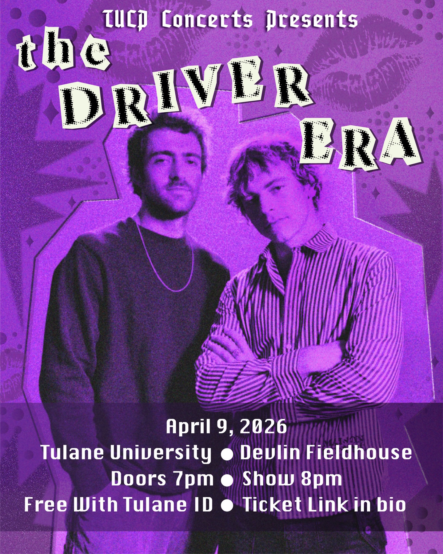 TUCP Concerts cannot be more thrilled to bring Ross and Rocky Lynch from THE DRIVER ERA🏎️ to Devlin Fieldhouse this April 9th!! 💨🤠
Tickets are open NOW and are available for both Tulane students and general admission‼️🎟️ You can get your FREE student ticket through the link in our bio with your Tulane ID number. General admission tickets are also available to the public for purchase📢 The concert starts at ⏰8PM with doors opening at 7PM.
@thedriverera formed by brothers Rocky and Ross Lynch, is an American music duo known for their dynamic blend of alternative rock and pop. Emerging in 2018 after rebranding from their former band R5, they made an immediate impact with their debut single “Preacher Man” and have garnered hundreds of millions of streams worldwide. In addition to his music career, Ross Lynch has achieved success as an actor, starring in Austin & Ally, Teen Beach Movie, My Friend Dahmer, and The Chilling Adventures of Sabrina.