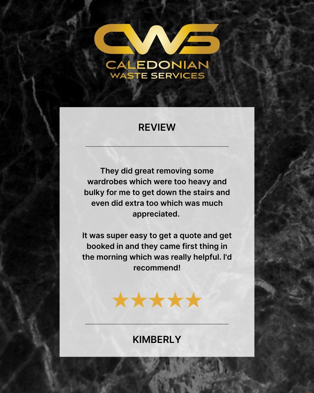 Reviews like this mean a lot to us ⭐
From quick quotes to early morning collections, we aim to make waste removal easy, especially when items are heavy or difficult to move. Thanks for the recommendation!
If you’ve got bulky furniture needing cleared, get in touch today.
#caledonianwasteservices #edinburghbusiness #wastecollection #wardrobe #householdwaste #localteam #5starservice #customerreview #scotland
