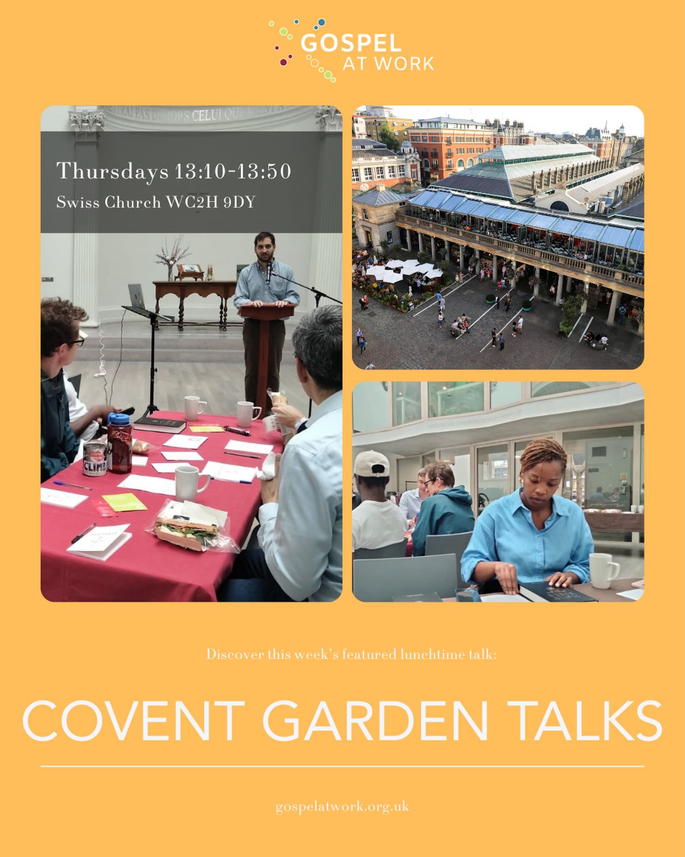 The Covent Garden Talks... this week’s featured lunchtime talk.
The Covent Garden Talks are run by Christians who work in the Covent Garden, Holborn, Bloomsbury, St Giles and Strand areas.
Their aim is to explain, from the Bible, the good news about Jesus Christ – who he is and what he has done – to people who work in this part of London.
They’re currently going through a series called ‘The beautiful kingdom: and how to be a part of it’ in Matthew’s gospel.
⌚ Thursdays 13:10-13:50
📍Swiss Church WC2H 9DY
✉️ hello@coventgardentalks.co.uk
🙏 Prayer meetings on Thursdays 08:00-08:50
🛜 www.coventgardentalks.co.uk
#holborn #coventgarden #london #christianity #lunchbreak