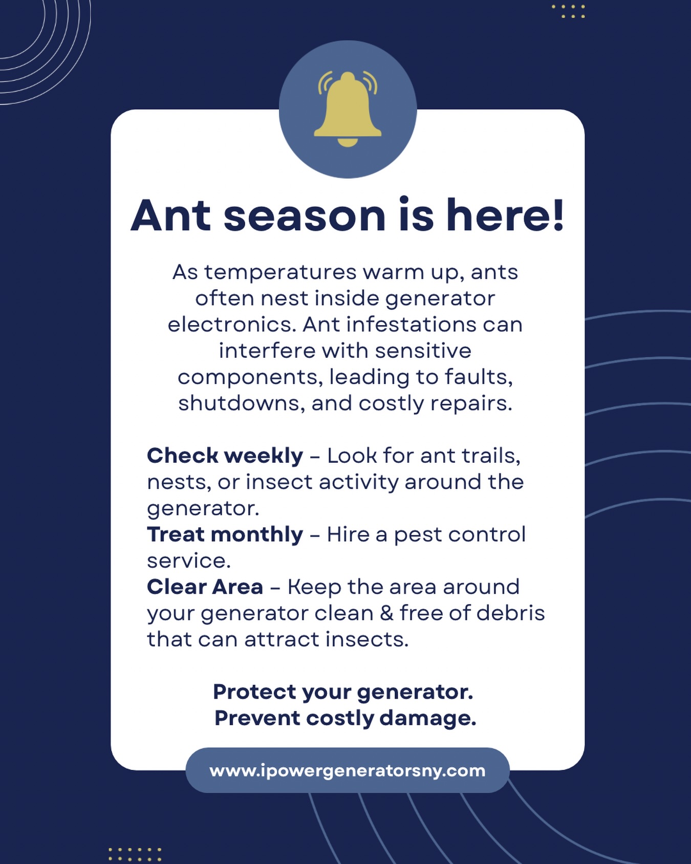 Spring is here, and so is ant season. 🐜 As temperatures warm up, ants are known to nest inside generator electronics, which can cause faults, shutdowns, and costly repairs. Regularly checking your generator and keeping the area clean can help prevent infestations before they turn into major problems.
Protect your investment and keep your backup power system running when you need it most. If you notice ant activity around your generator, it may be time for a professional inspection.
#generatorservice #standbygenerator #generatormaintenance #backupgenerator #westchesterny