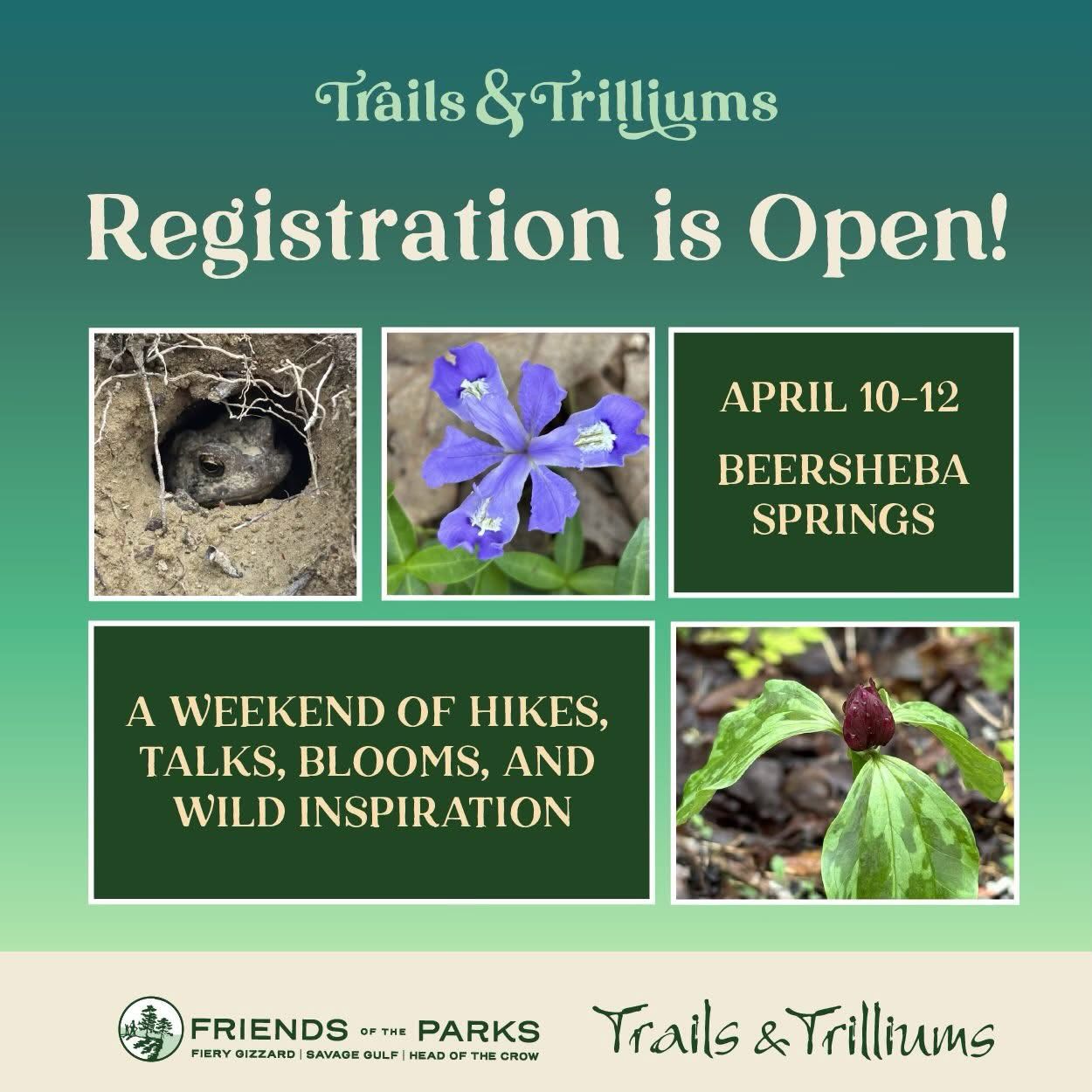 🌿 Registration is OPEN for Trails & Trilliums 2026! 🌿
Join us April 10–12 for a weekend celebrating the natural beauty of the South Cumberland Plateau. Trails & Trilliums brings together hikers, naturalists, and nature lovers for three days of guided hikes, workshops, and presentations led by expert naturalists from across Tennessee.
Many hikes and workshops have limited space and fill quickly — so be sure to register early to get the programs you want!
REGISTRATION LINK IN PROFILE.