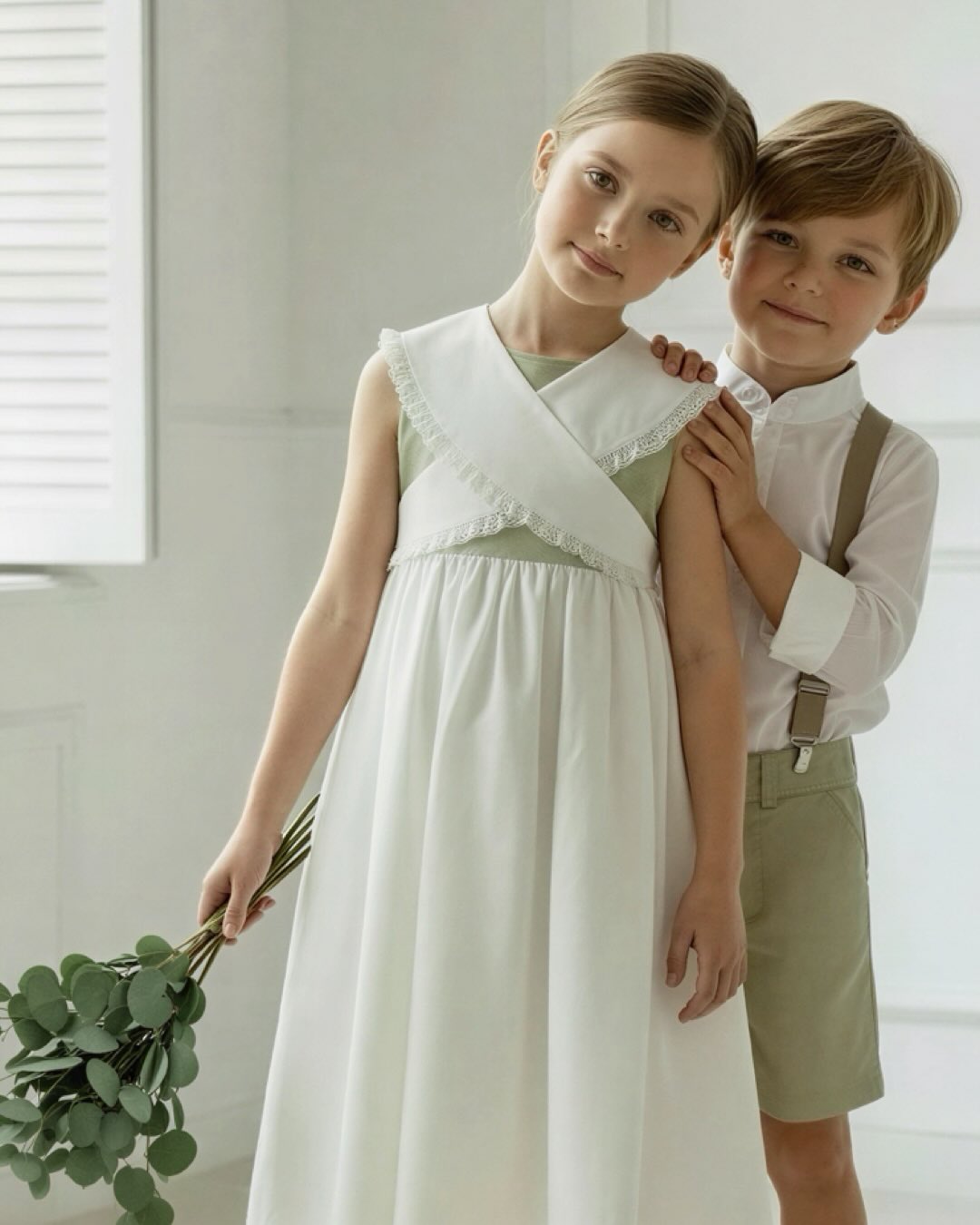 Hola! Os enseñamos una propuesta para las bodas de este verano. Se trata del modelo Anita para niña, un vestido que nos encanta y que puedes encargar tanto en versión corta como midi, y por supuesto en el color que quieras. En esta foto hemos elegido el Lino verde seco y el Lino crudo y hemos combinado al niño con las mismas telas. ¡Esperamos que os guste!