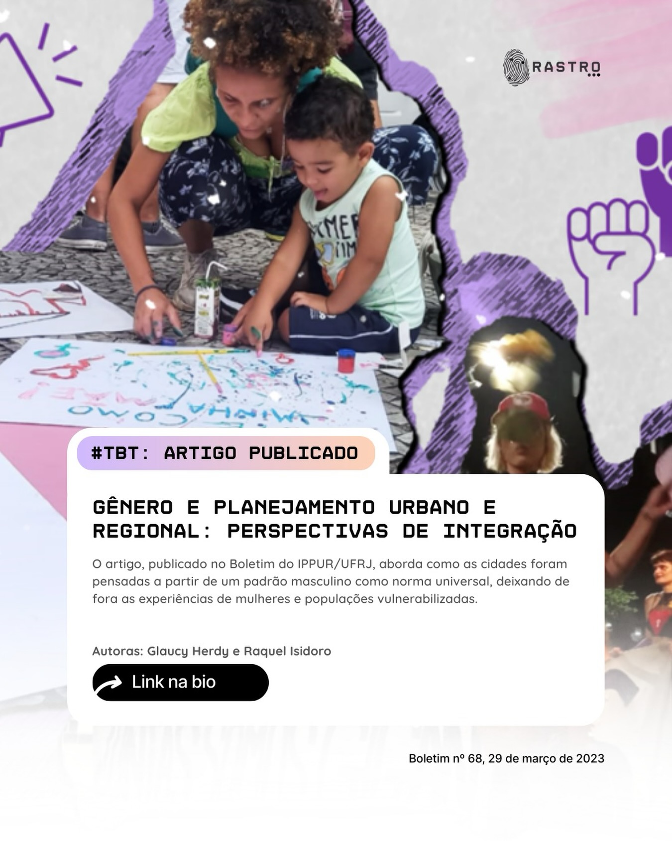 Com a proximidade do 8 de Março, o Grupo Rastro gostaria de relembrar o texto publicado por Raquel Isidoro, pesquisadora do Rastro, e Glaucy Herdy. O artigo, publicado no Boletim do IPPUR/UFRJ, aborda como as cidades foram pensadas a partir de um padrão masculino como norma universal, deixando de fora as experiências de mulheres e populações vulnerabilizadas.
As autoras discutem a importância de integrar as epistemologias feministas ao Planejamento Urbano e Regional, questionando como podemos construir cidades mais inclusivas e atentas à diversidade de corpos e territórios. É um convite para mudarmos as perguntas e as práticas, buscando um horizonte de igualdade e equidade de gênero no nosso campo.
Uma reflexão que toca diretamente nas questões que movem o Rastro: afinal, não há tecnopolíticas urbanas verdadeiramente justas sem enfrentar as desigualdades de gênero que estruturam o espaço e a vida nas cidades.
Vale a (re)leitura!
🔗 Link na bio
#TBT