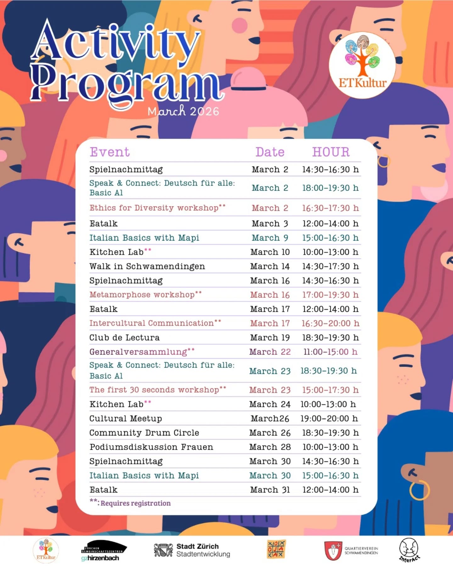 Willkommen, März!
⚠️ Zeitkorrektur: Spaziergang bis 16:30 Uhr (nicht 17:30 Uhr) & Leseclub bis 20:00 Uhr.
Ein neuer Monat voller Aktivitäten, Begegnungen und Möglichkeiten zum Lernen und Austauschen. Unser März-Kalender ist da, schaut euch die Flyer an und merkt euch die Termine vor.
Für alle Workshops ist eine Anmeldung erforderlich.
Bitte gebt euren Namen genau so an, wie er auf eurem Zertifikat erscheinen soll.
Wir freuen uns auf einen aktiven und inspirierenden Monat mit euch!
----
Welcome, March!
⚠️ Time correction: Walk until 16:30 (not 17:30) & Book Club until 20:00.
A new month full of activities, encounters and opportunities to learn and connect. Our March calendar is here, explore the flyers and save the dates!
All workshops require registration. Please make sure to write your name exactly as you would like it to appear on your certificate.
We look forward to seeing you and sharing an active, inspiring month together!
----
¡Bienvenido, marzo!
⚠️ Corrección de horario: Caminata hasta 16:30 (no 17:30) y Club de lectura hasta 20:00.
Un nuevo mes lleno de actividades, encuentros y oportunidades para aprender y conectar. Ya está disponible nuestro calendario de marzo, revisa los flyers y guarda las fechas.
Todos los talleres requieren registro previo. Por favor, escribe tu nombre exactamente como deseas que aparezca en tu certificado.
¡Te esperamos para vivir un mes activo e inspirador
#ETKultur #interAct #monthlycalendar #savethedate #joinus