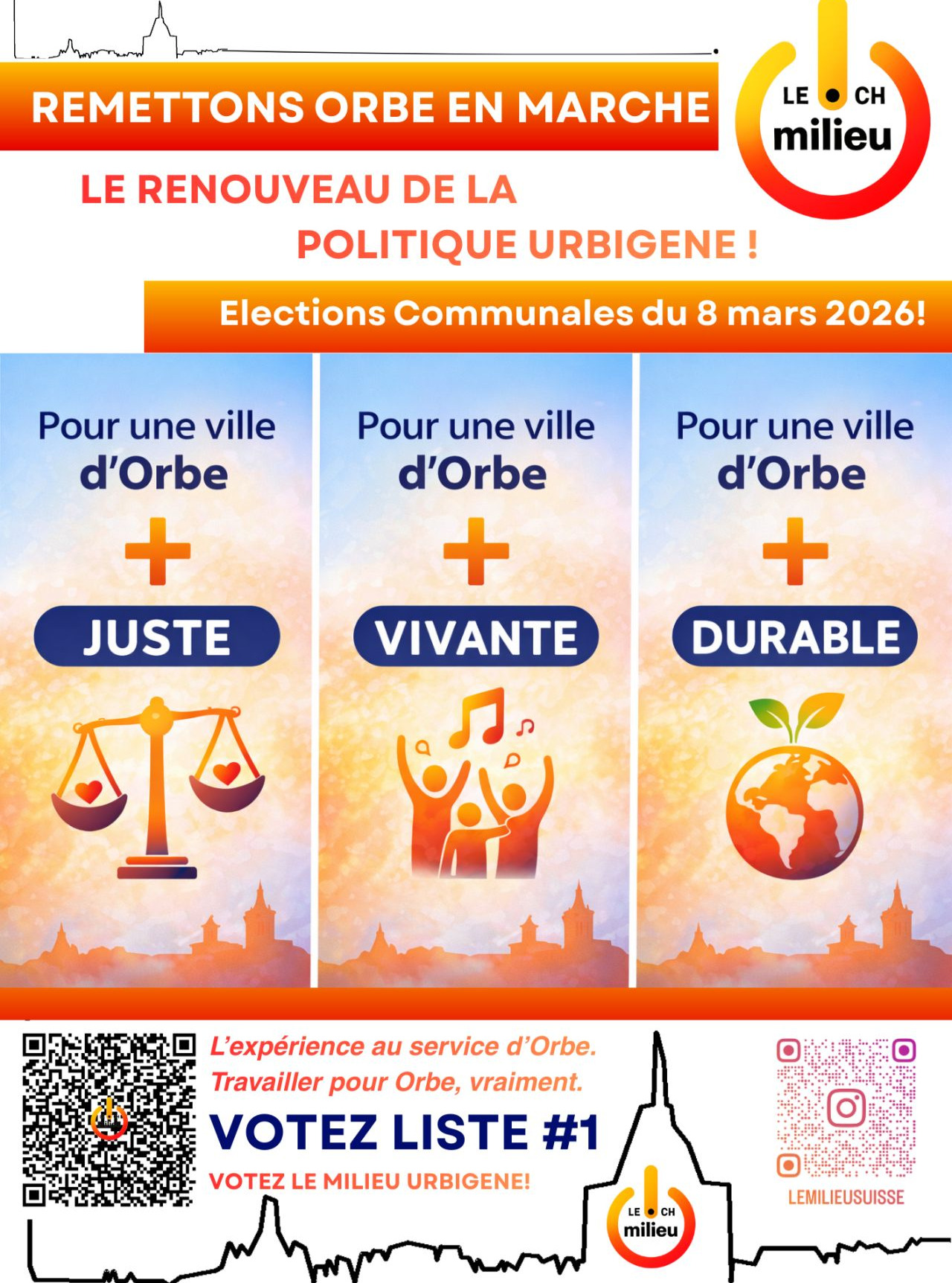 🚀 J-6 !
🗳 Le 8 mars, Orbe choisit son avenir.
Le Milieu Urbigène, ce n’est pas un parti.
C’est un groupement d’indépendants engagés pour une ville plus juste, plus vivante et plus durable.
📍 À Orbe :
✔️ Liste #1 – Le Milieu Urbigène au Conseil communal
✔️ Liste #2 – Michel Grand à la Municipalité
👉 Une équipe.
👉 Une méthode.
👉 Moins de promesses, plus d’actions.
Découvrez nos candidat·e·s, notre programme et suivez le compte à rebours en direct sur :
🌐 www.le-milieu.ch
Le 8 mars, faisons le choix du travail, de la clarté et du respect des règles.
Remettons Orbe en marche. Ensemble.
👇
#Orbe #OrbeVD #Urbigènes
#LeMilieuUrbigène #MichelGrand
#ElectionsOrbe2026 #Vote8Mars
#Liste1 #Liste2
#PolitiqueAutrement #Indépendants
#EngagementLocal #MoinsDePromessesPlusDActions
#AuServiceDOrbe #remettonsorbeenmarche