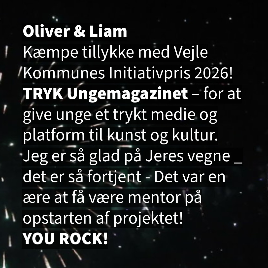 Altså vi er jo nogen der stadig bare elsker trykte medier! Hvor er det sejt I laver et ægte magasin som man kan sidde og krølle sammen med på sofaen! Fra unge - til unge - Tillykke med prisen, Liam og Oliver - I ringer bare hvis der er noget! Jeg er stolt af Jer! Se nu bare hvad en indsats kan resultere i! Keep up the good work! #kunstkompas #trykmagasinet #vejlekommune