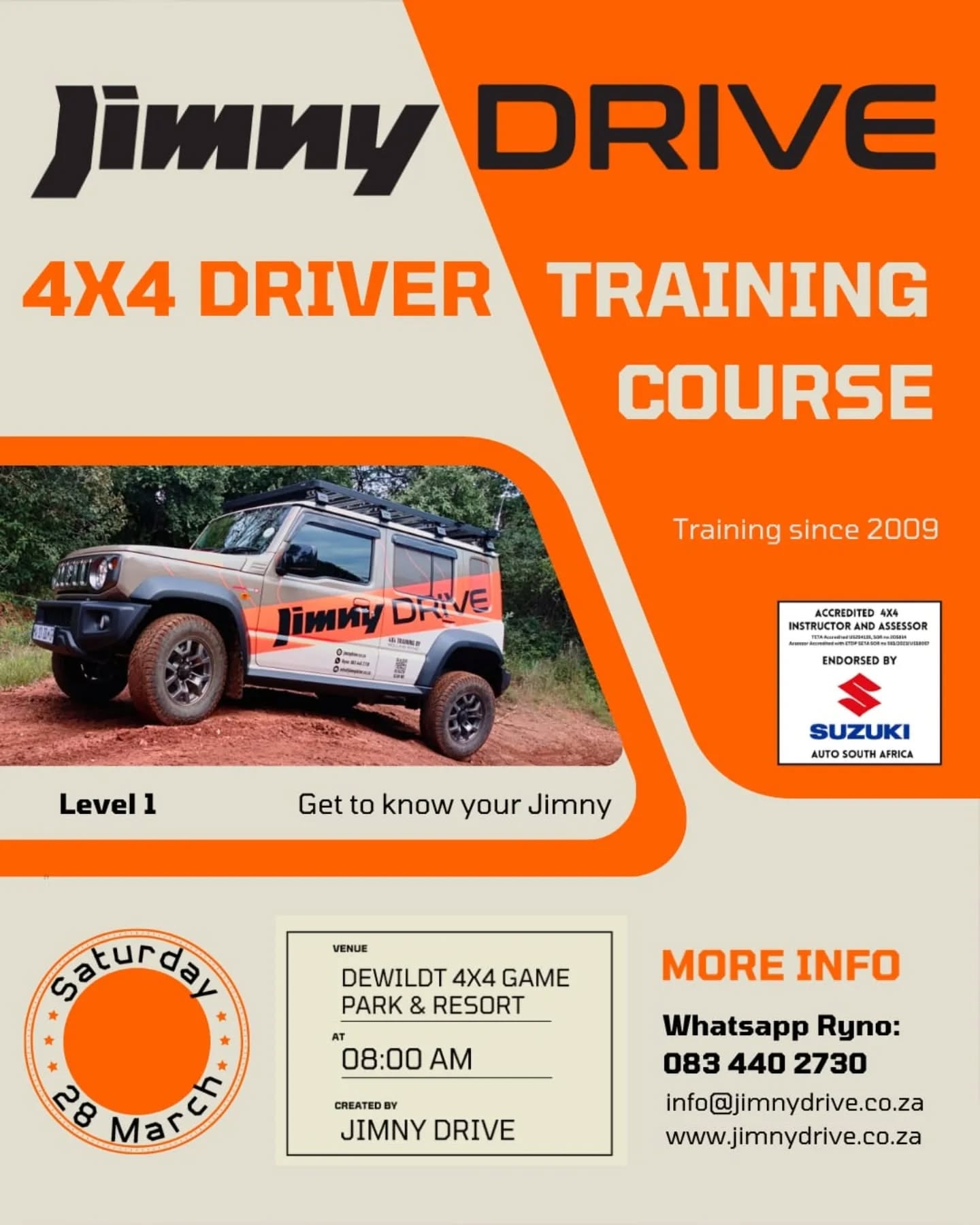 🔥 Jimny lovers — this one’s for YOU! 🔥
Ready to unlock the full potential of your Suzuki Jimny? Join us for the JimnyDRIVE L1 4x4 Course on Saturday, 28 March 2026 at De Wildt 4x4 Game Park near Harties!
Get to know your Jimny like never before — safely, confidently, and with expert guidance.
💥 Officially endorsed by Suzuki SA! 💥
👉 Limited spots available — don’t miss out!
📲 Contact Ryno via WhatsApp: 083 440 2730
📧 info@jimnydrive.co.za
🌐 www.jimnydrive.co.za
#JimnyDrive #4x4Training #DeWildt #SuzukiSA