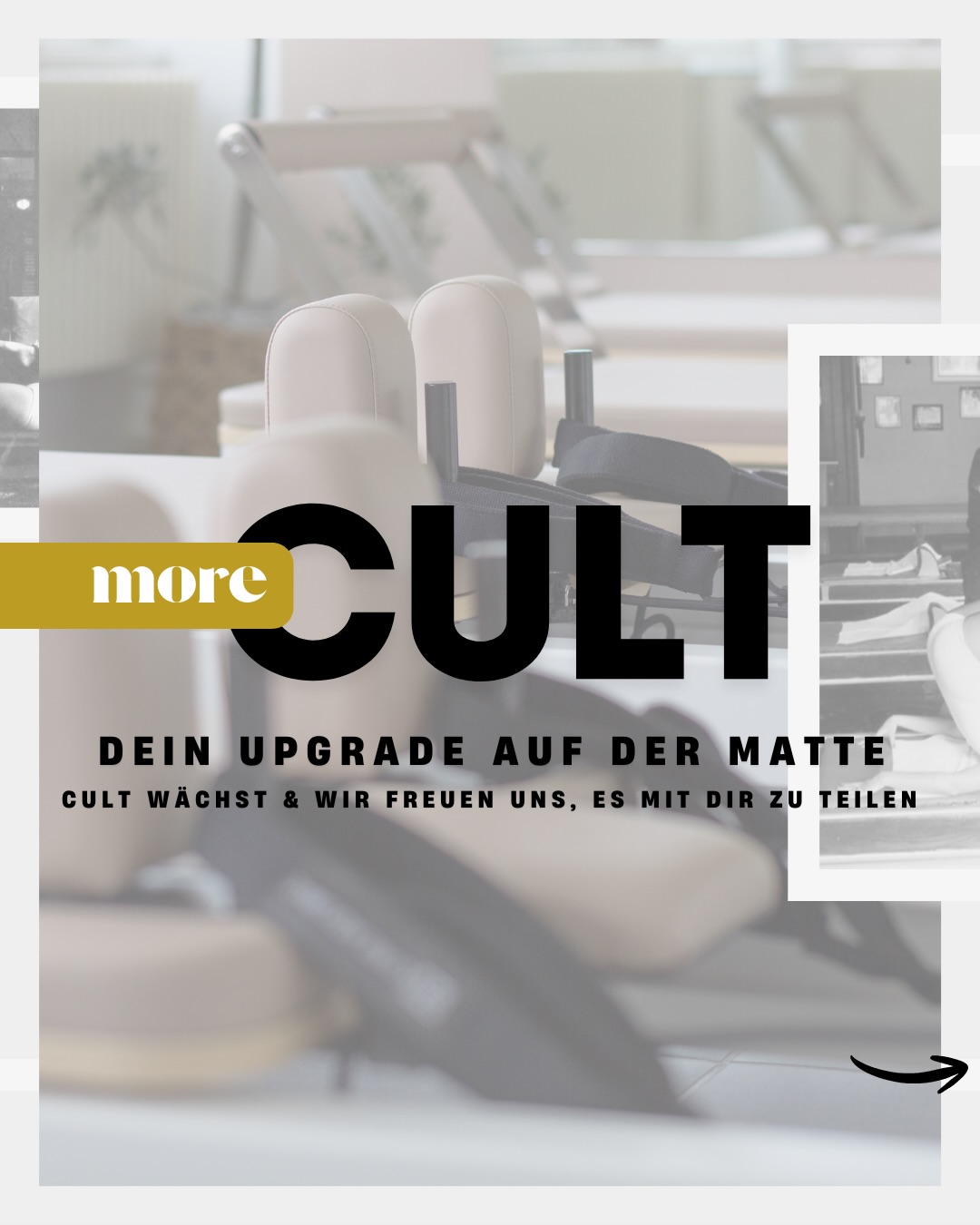 🔥MORE CULT! 🔥
Dein Upgrade auf der Matte.
Im April eröffnen wir unseren THE MAT ROOM – direkt neben dem Reformerroom.
Warum Reformer & Matte dein Gamechanger sind?
Pilates ist ein ganzheitliches System. Die Kombination trainiert deine Tiefenmuskulatur noch präziser!
Ergebnisse werden schneller sichtbar und spürbar.
Während dich der Reformer durch Widerstand führt, bist du auf der Matte dein eigener Widerstand. Zusätzlich arbeiten wir mit Kleingeräten wie Ball, Rolle, Gewichten oder Minibands.
Was dich erwartet:
– Mat Pilates
– Yoga (Hatha, Vinyasa, Power & Yin)
– bodyART®️
– Max. 10 Personen pro Klasse für persönliche Betreuung
Wir starten schrittweise und lassen den Stundenplan gemeinsam mit euch wachsen.
Erster Workshop: Detox Yoga am 28. März.
Schreib uns bei Interesse für mehr Infos. 🤍