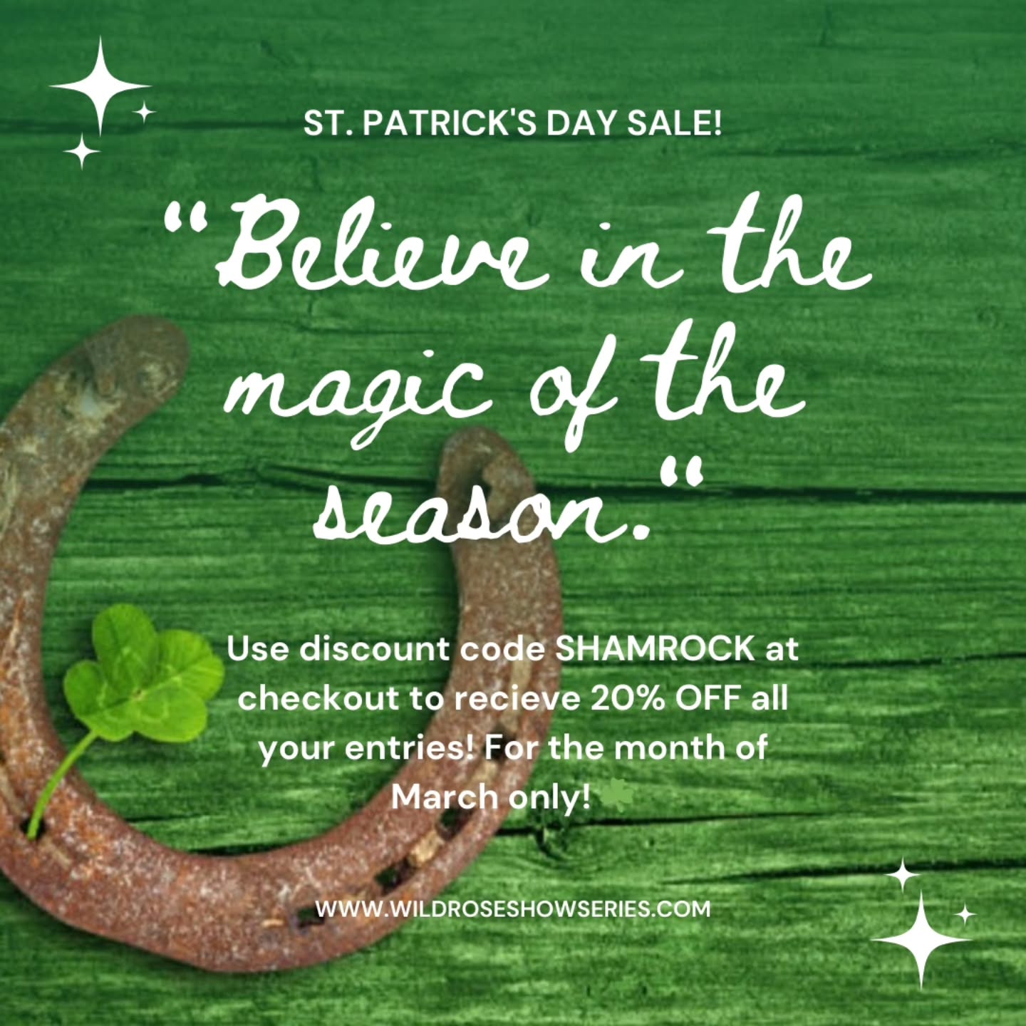 🍀 St. Patrick’s Day Special – March Only! 🍀
To celebrate St. Patrick’s Day, we’re offering 20% OFF all entries for the entire month of March at the Wild Rose Virtual Horse Show!
Whether you're entering your first class or submitting another round, now is the perfect time to ride for ribbons and prizes while saving on your entries.
Grab your horse, find a little luck of the Irish, and join riders from around the world in our March show! 🐎🍀
✨ Use code: SHAMROCK at checkout
📅 Valid March 1–31
We can’t wait to see you in the virtual show ring!
#WildRoseVirtualHorseShow #VirtualHorseShow #HorseRiders #EquestrianLife #horseshow