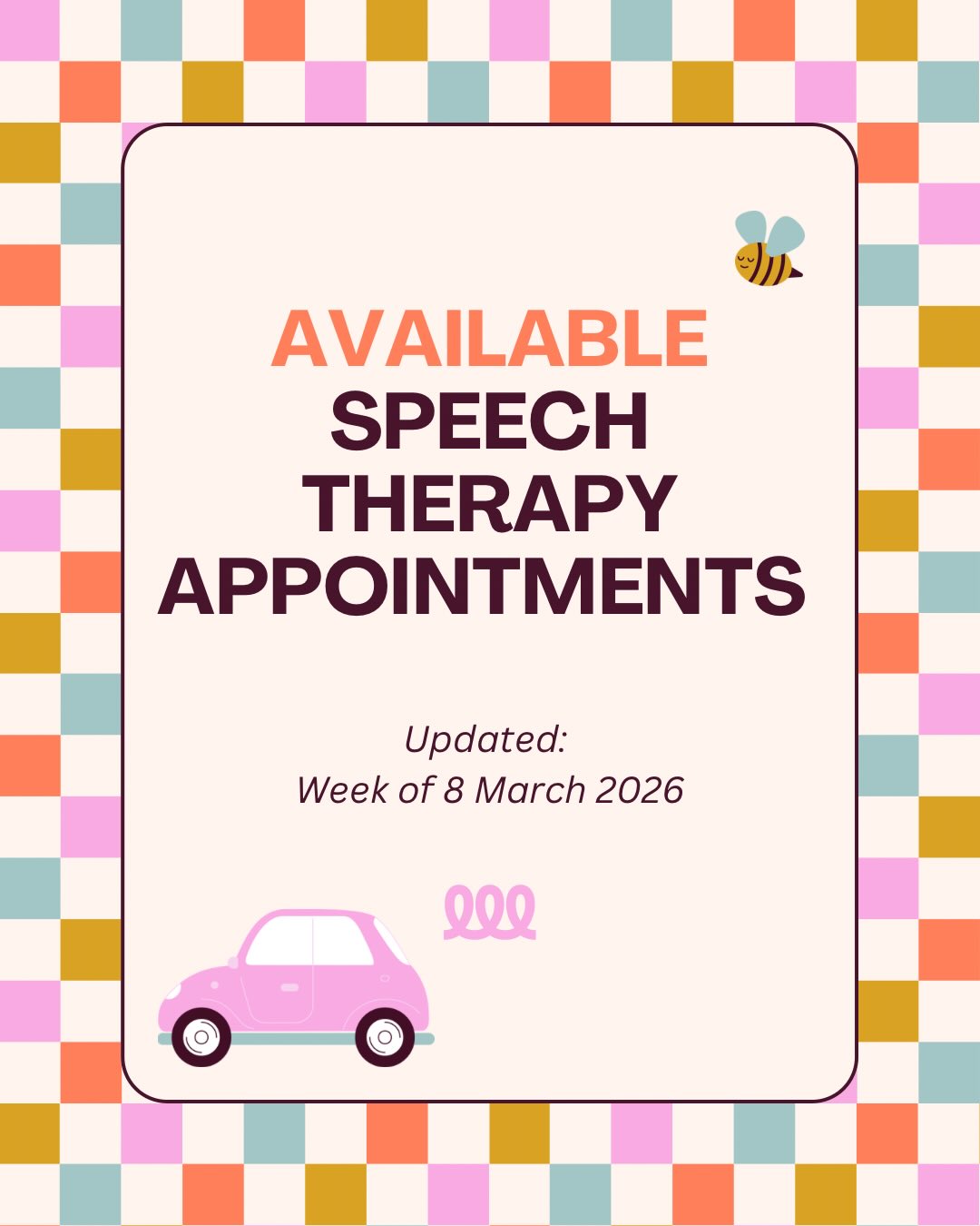 Next weeks available appointments! I even spied some AFTER SCHOOL APPOINTMENTS!
Enquire directly through our website - link in bio - to grab these rare appointments!
#eachspeechpearplum #ndisspeechtherapy #earlyintervention #speechpathologybrisbane #speechpathologyaustralia