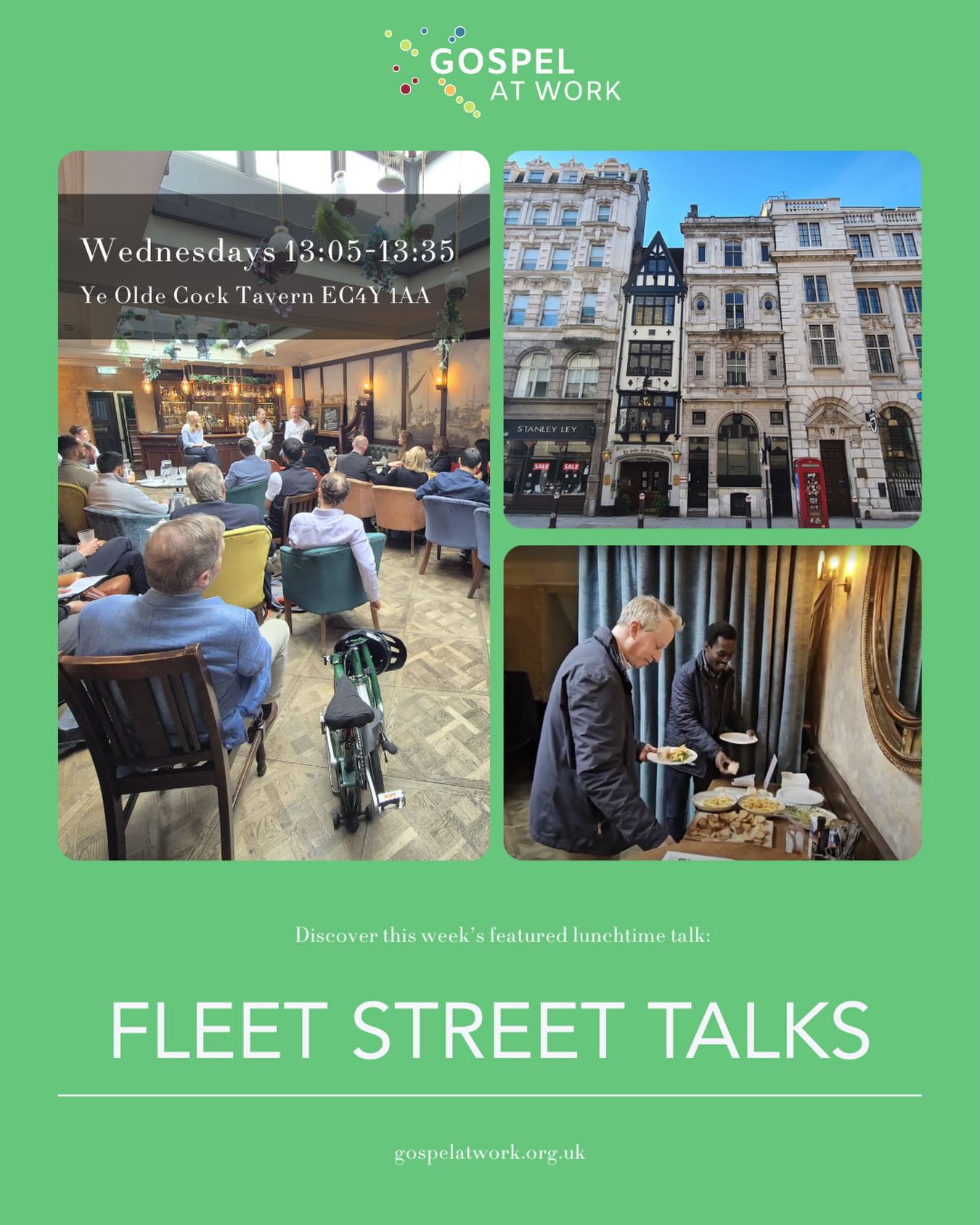 Fleet Street Talks... this week’s featured Gospel at Work lunchtime talk.
The Fleet Street Talks are weekly lunchtime Bible talks that seek to make the good news of Jesus known in the Square Mile. Whether you’re a sceptic, enquirer or a Christian believer – they’d love for you to join if you work in the area.
Coming up in the next few weeks:
Introducing Jesus
11 March - Matthew 25
The Week That Changed The World
18 March – Matthew 26
25 March – Matthew 27
⌚ Wednesdays 13:05-13:35
📍Ye Olde Cock Tavern, 22 Fleet Street EC4Y1AA
✉️ fst@snca.co.uk
🙏 Prayer meetings on Tuesdays 08:00-08:45 at Harris + Hoole Fleet Street
🛜 fleetstreettalks.org
#fleetstreet #lunchbreak #gospelatwork #london #christianity