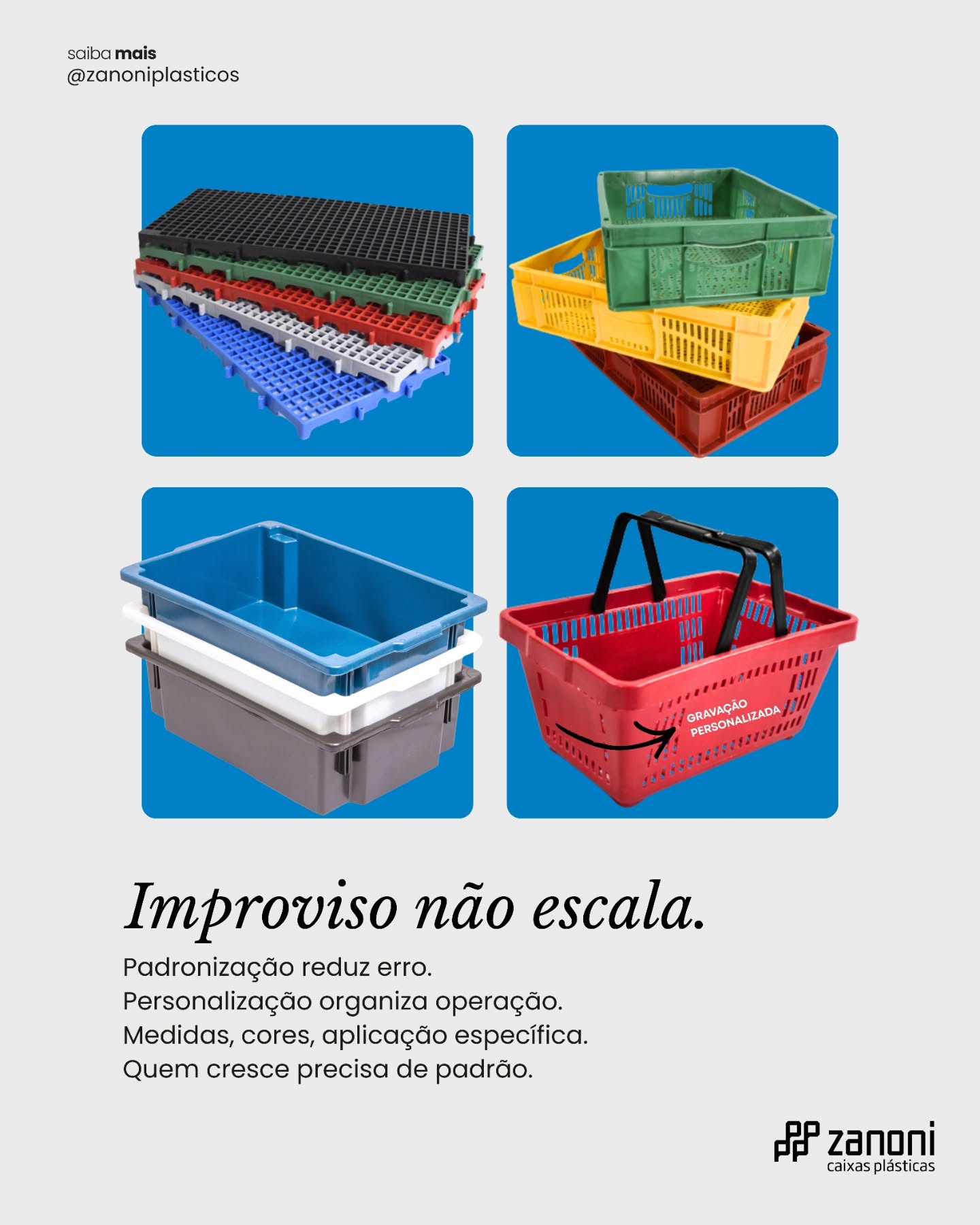 📐 Improviso não escala.
Crescer exige padrão, não adaptação constante.
Quando tudo é pensado para a operação, o resultado é claro:
✔️ Padronização reduz erro
✔️ Personalização organiza processos
✔️ Medidas, cores e aplicações corretas
✔️ Mais eficiência no dia a dia
Quem cresce precisa de estrutura.
📦 Na Zanoni Caixas Plásticas, cada caixa é pensada para funcionar dentro da sua operação — hoje e no crescimento.
#Padronização #GestãoOperacional #EscalaComQualidade #LogísticaInteligente #ProcessosIndustriais