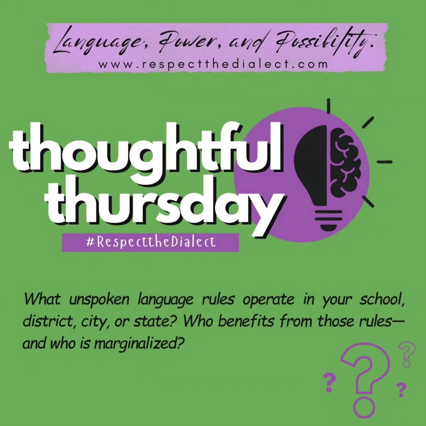 Weigh in...
What unspoken language rules operate in your school, district, city, or state? Who benefits from those rules—and who is marginalized?
#respectthedialect #EquityInEducation #languagediversity #theculturewespeak #letsdiscuss
