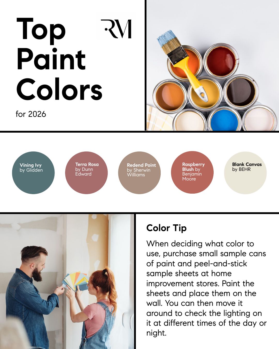 🎨 Color Tip
Never underestimate how much paint can transform a space. A fresh color can brighten a room, make it feel larger, cozier, or completely change the vibe of your home.
Before committing, grab a few sample cans or peel-and-stick sheets from your local home improvement store. Paint the sample sheets and move them around the room to see how the color looks in different lighting throughout the day and night.
Lighting changes everything — and sometimes the perfect color at noon looks totally different by evening. Testing first helps you find the shade that truly works in your space. ✨
Because sometimes all it takes is a little paint to make a big difference. 🖌️