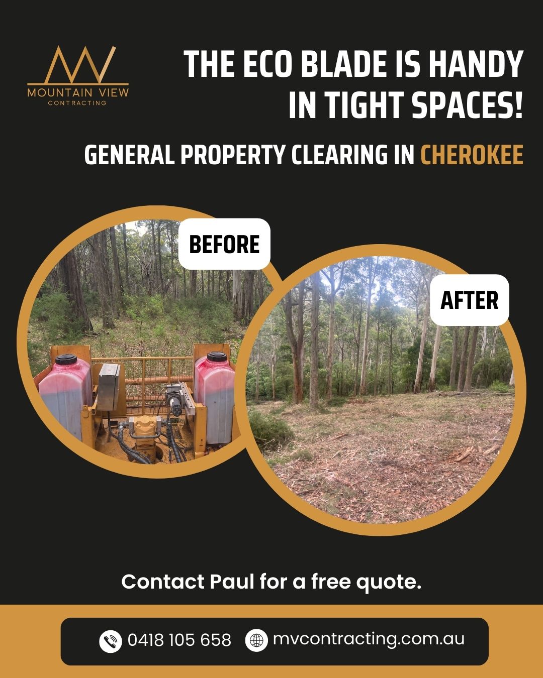 Big clearing gear can’t always go where the problem is. That’s where the Eco Blade shines. Compact, tracked, and powerful—it’s made to work in the kind of terrain you actually deal with in Central Victoria.
Contact Paul via messenger or the MVC website for a free quote.