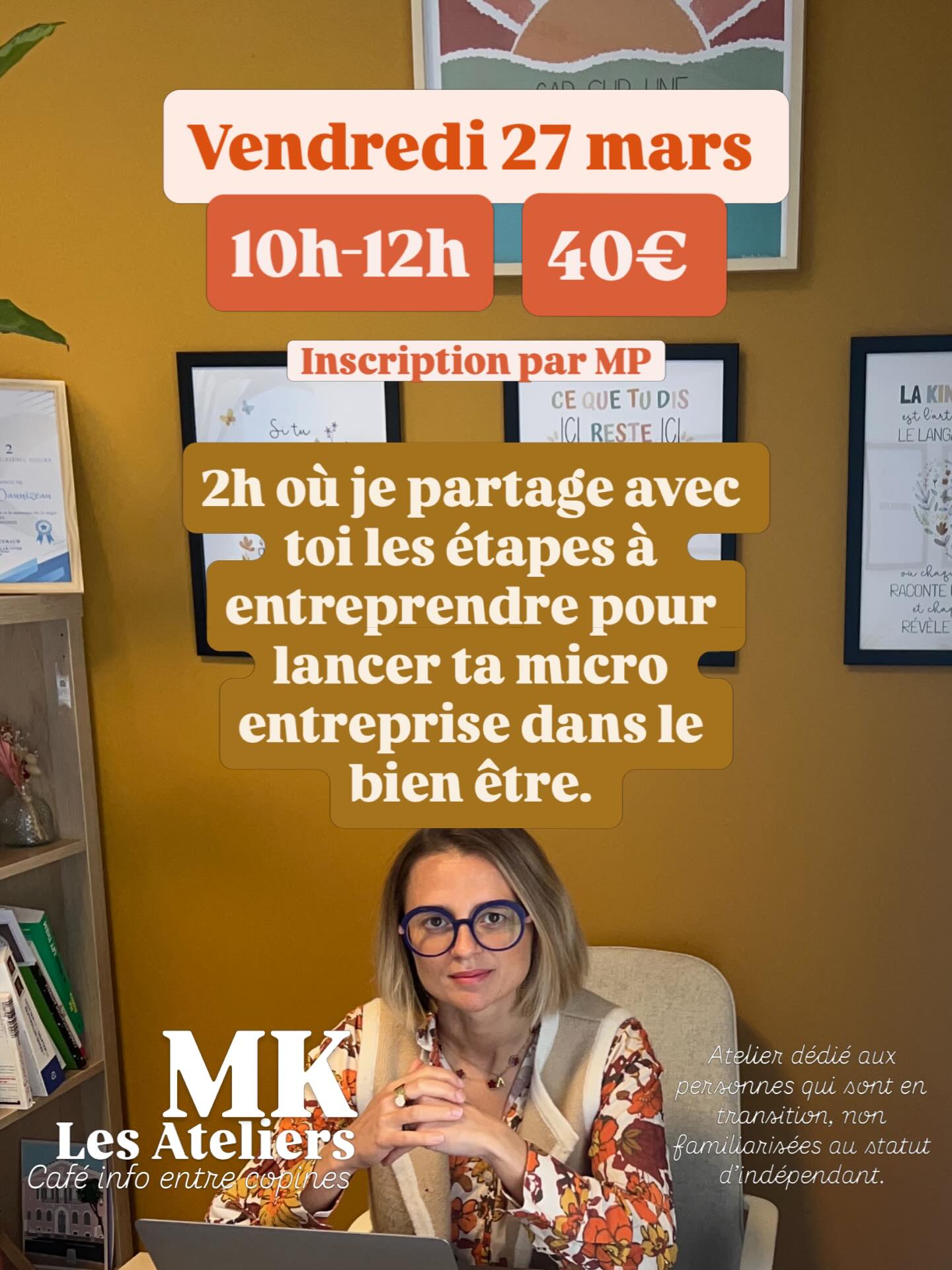 Parce que le Printemps est synonyme de changement, de mouvement 🫴🏻☀️ j’accompagne des consultants en kinesiologie qui aimerait se lancer, mais qui n’ose pas.
J’ai décidé d’allier mes 2 casquettes pour cet atelier: entrepreneuse et artisan du bien être.
Avec cet atelier, je propose 2h d’échanges dans une ambiance café-copine ☕️ où je partage la « Check list » des choses à mettre en place pour amorcer ton lancement en tant qu’indépendant.
En présentiel, à Hyères, sur inscription uniquement.
Min 3 personnes, max 8 personnes.
Meryl 🦋