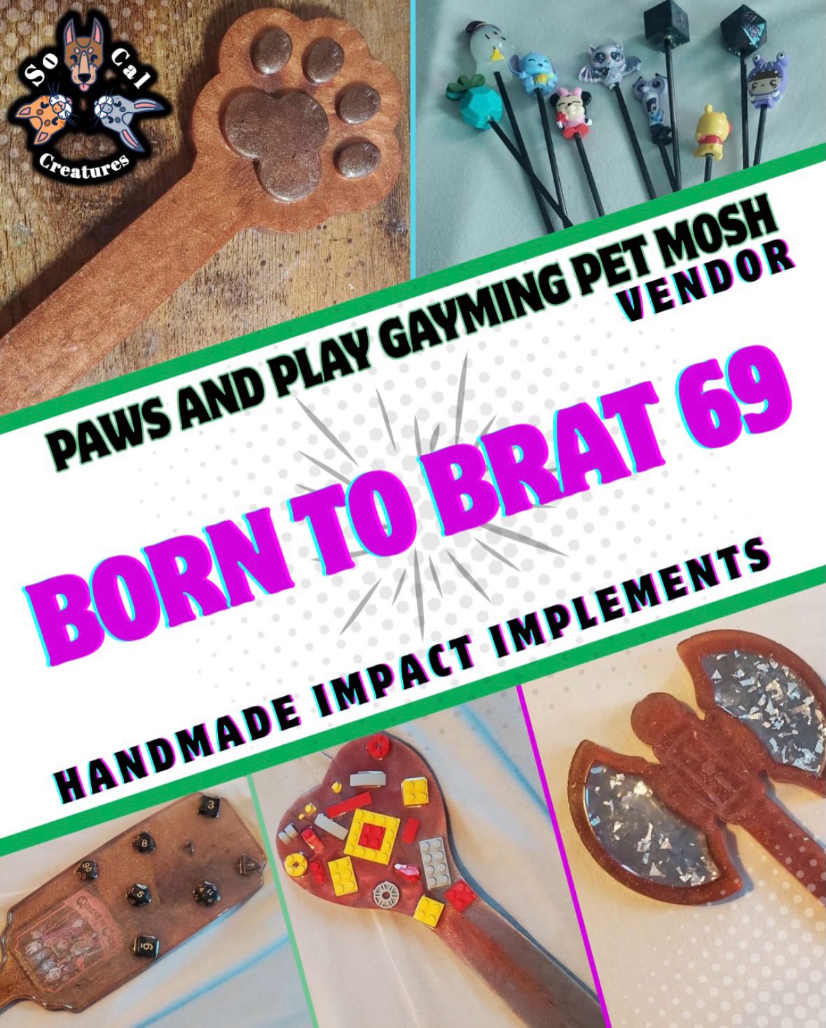 Level up your impact game with handmade implements (including some well-themed nerdier options) from @borntobrat69 !
Find them in our patio vendor hall on March 14th โ
Pawse, Play, and Get Your Gayme On by following the link in our bio! ๐ฎ socalcreatures.com/entrancegate