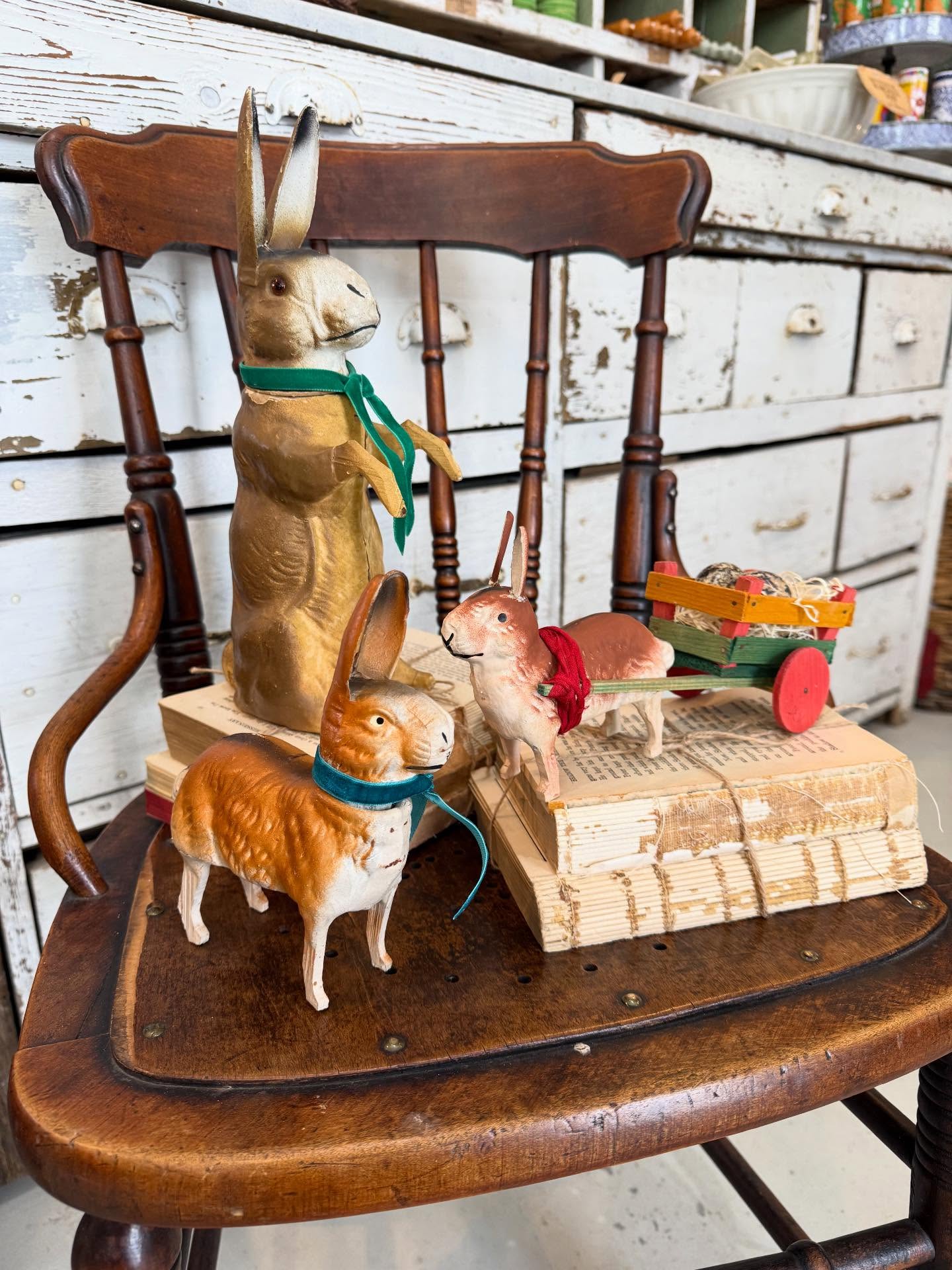 This sweet little group of Antique Candy Containers just arrived from Germany! It’s one of those packages that you purchase for the Shop….. then it arrives …. And you are “in love”…….lol. So I’m not sure what will be joining my collection at home!
These great Hen chocolate molds from Holland are available as well as this rare German Antique Chicken Pull toy. ( The Rabbits will be in the Shop within a few weeks….. but probably not the Large Rabbit…… lol) Hopefully I will have gathered a few more…..
#antiqueshop #antiquehome #vintagestyle #fleamarketfind #vintageinspired