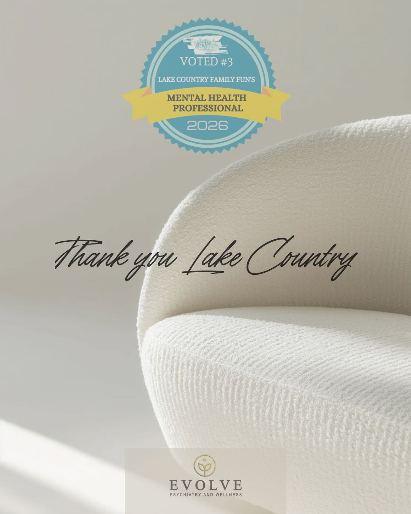 Lake Country families have spoken!
After thousands of reader votes, the Top Mental Health Providers in Lake Country & Waukesha County were announced highlighting trusted professionals who support our community through every season of life.
I’m incredibly honored and grateful that Evolve Psychiatry and Wellness was ranked #3. Thank you to everyone who voted and to the many individuals and families who trust me to be part of their mental health journey. Being able to support this community means more than I can put into words.
A special thank you to @lakecountryfamilyfun for the amazing work you do to recognize and support local businesses and providers who care deeply about the Lake Country community.