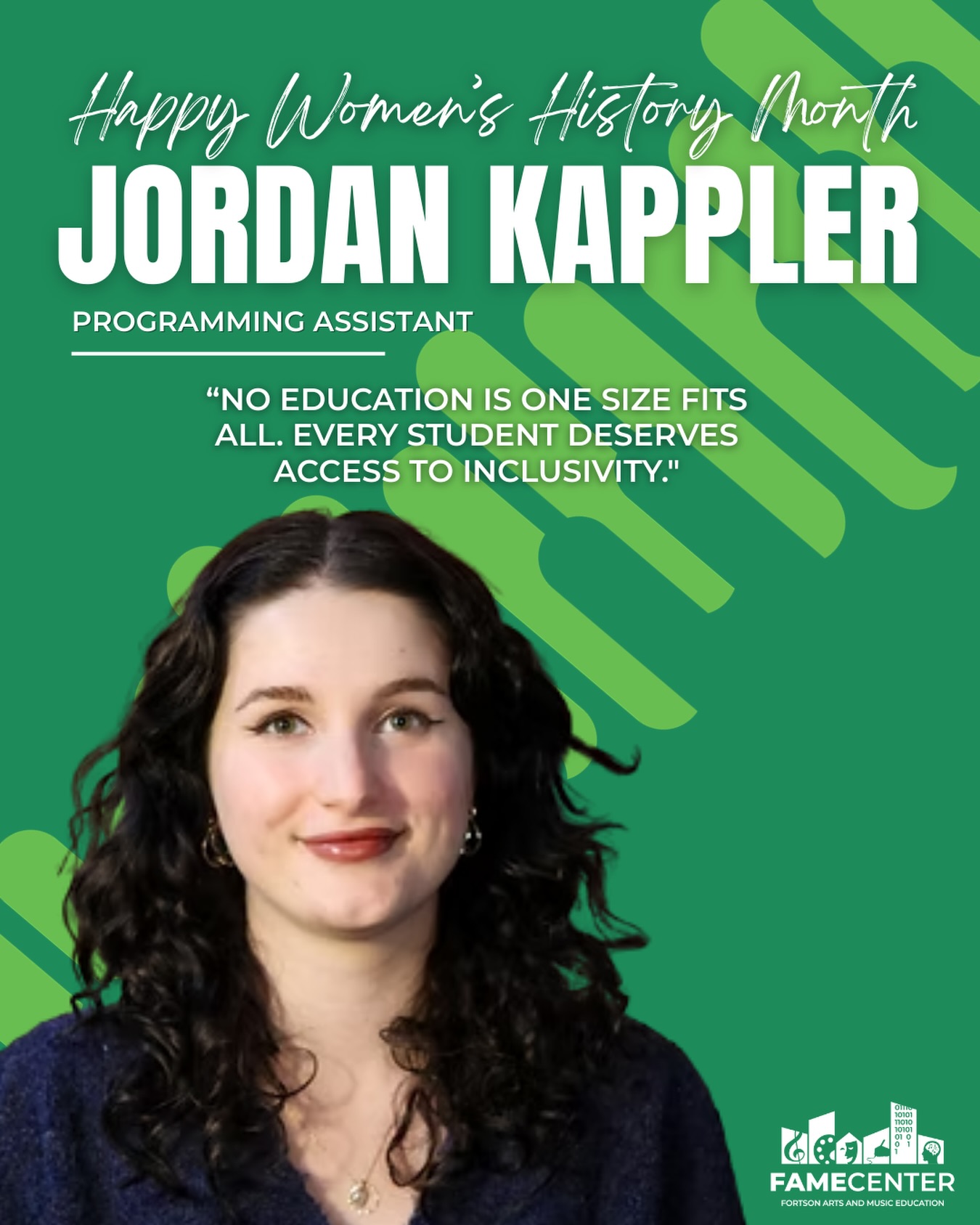 For Women’s History Month, we are proud to highlight Programming Assistant Jordan Kappler as part of FAME Center’s administrative team.
Thank you for your dedication, contributions, and continued support of FAME’s mission to provide equitable access to arts education in our community.
#WomensHistoryMonth #ChicagoArts #ArtsEducation #Southloopchicago #FAMECenter